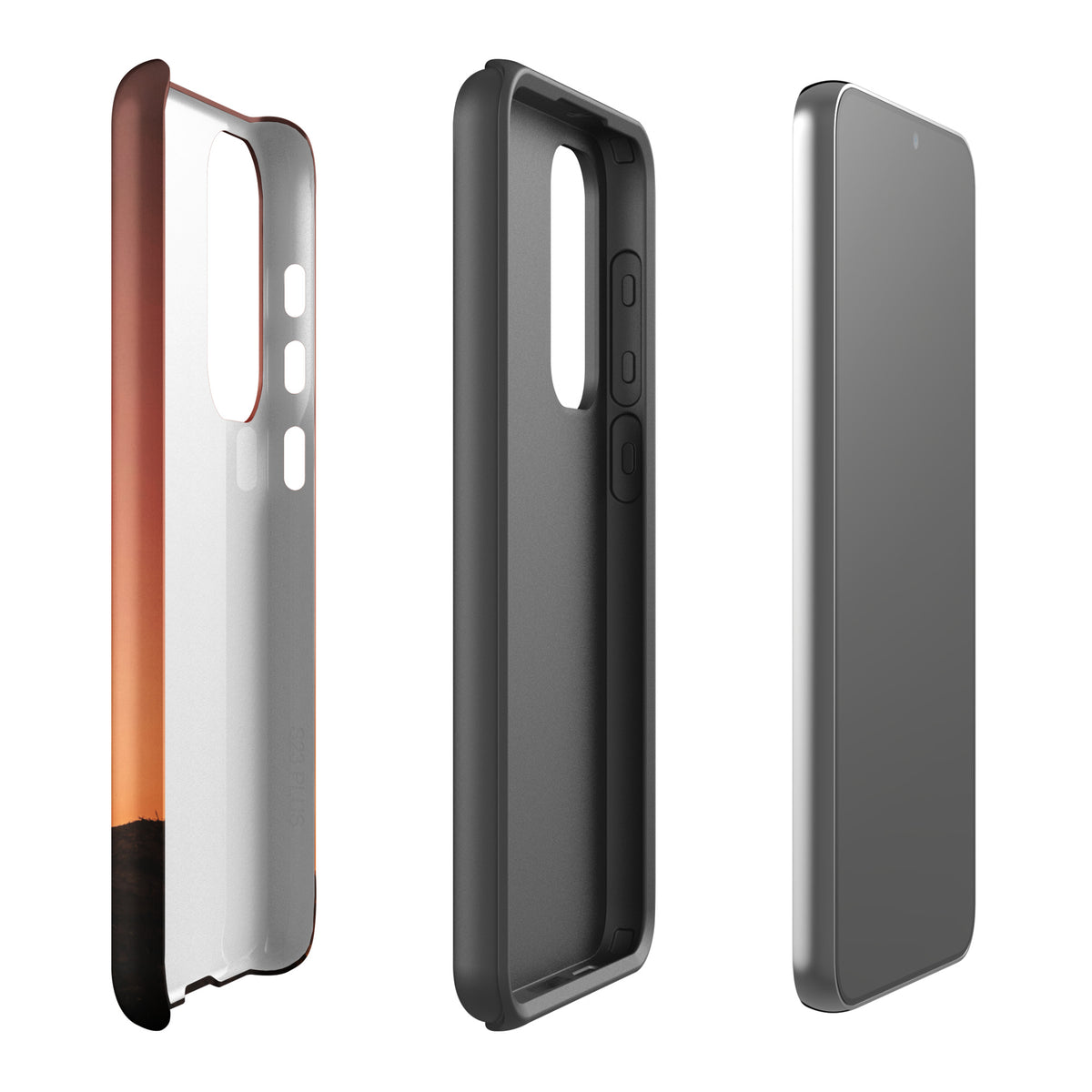 Phone Case for Samsung Galaxy, motocross sunset dirt bike design, showcases copper and black colors, side view.