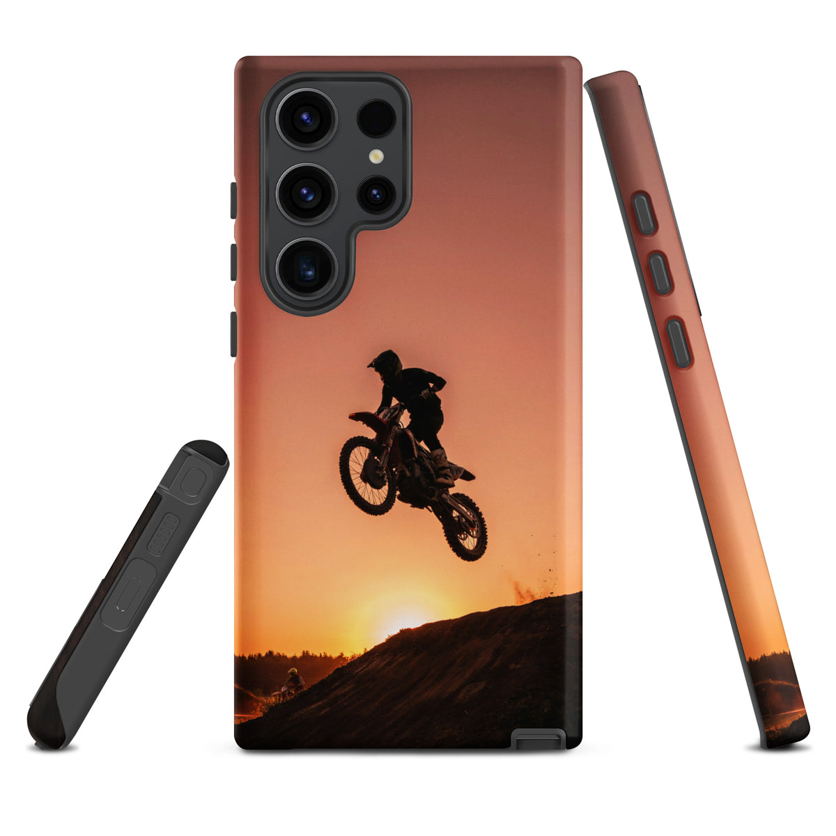 Phone Case for Samsung Galaxy with motocross sunset dirt bike design, featuring a biker jumping against a glowing orange sunset.