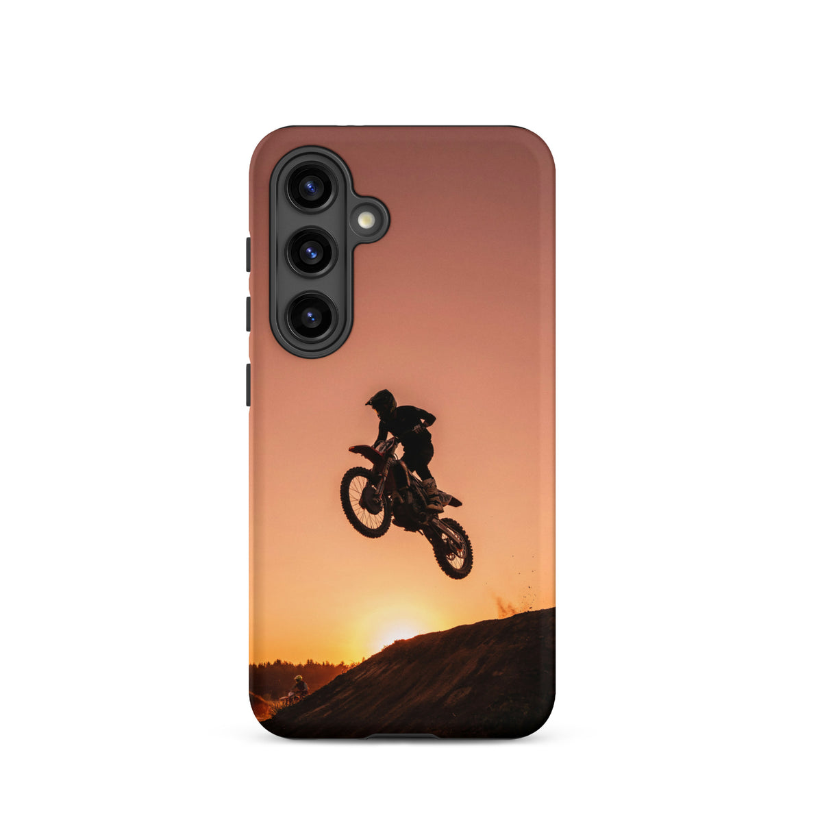 Phone Case for Samsung Galaxy with motocross sunset dirt bike design, featuring a rider silhouette against warm sunset hues.