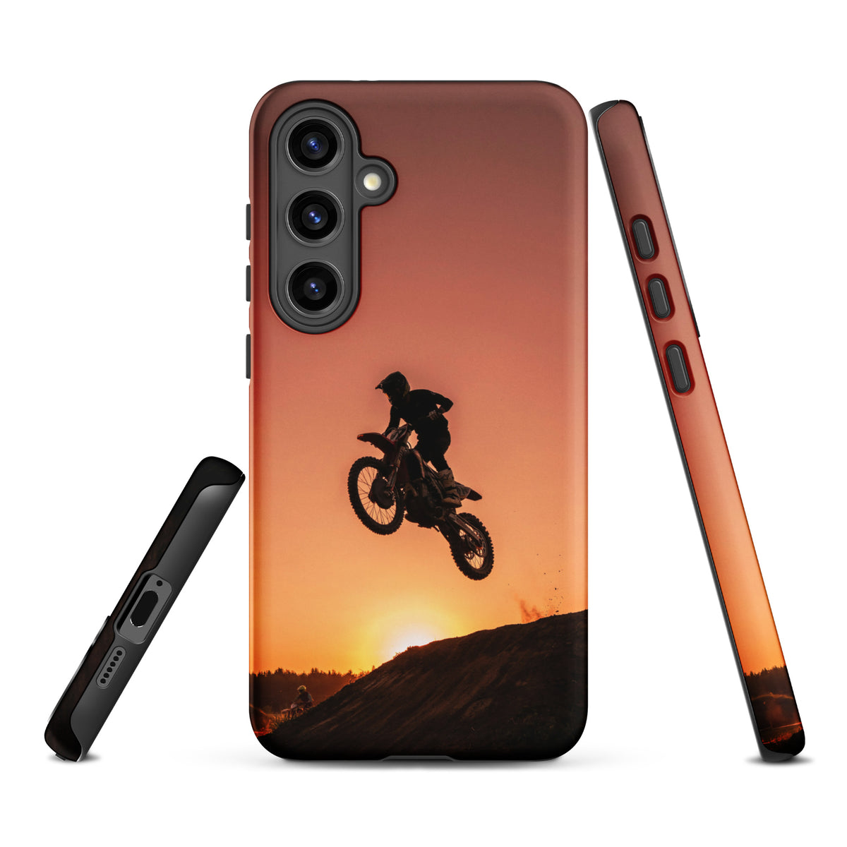 Phone Case for Samsung Galaxy with motocross sunset dirt bike design in copper and black with dramatic bike jump silhouette.
