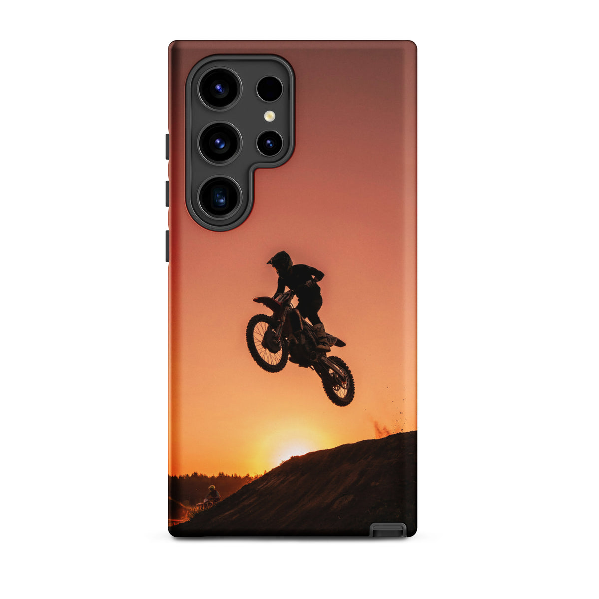 Phone Case for Samsung Galaxy with motocross dirt bike jump silhouette against sunset background.