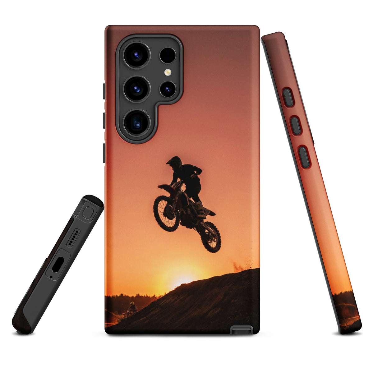 Phone Case for Samsung Galaxy with motocross sunset dirt bike design. Features silhouette of rider against glowing sunset background.