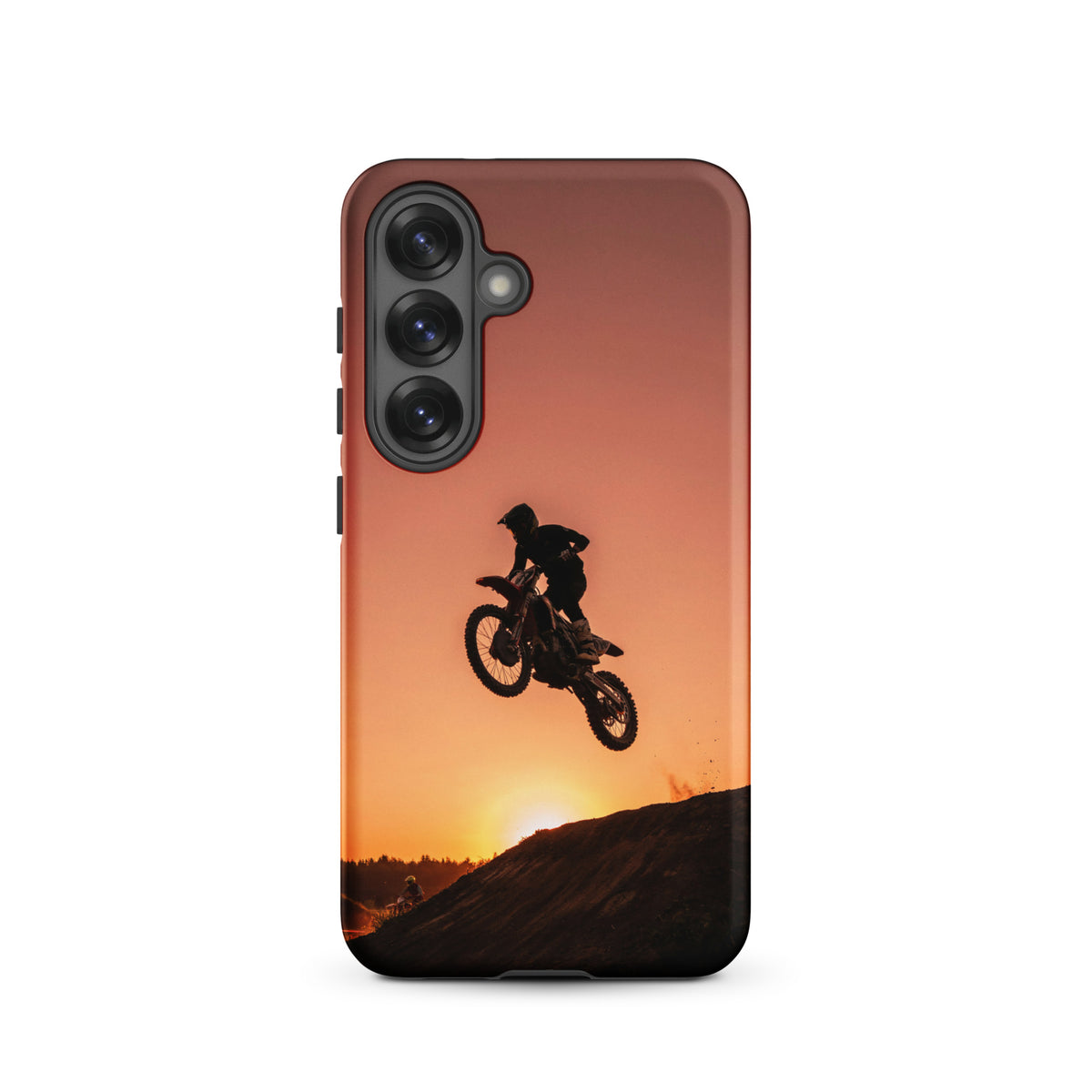 Phone Case for Samsung Galaxy with sunset motocross dirt bike design, featuring a biker jumping against a glowing orange sky.