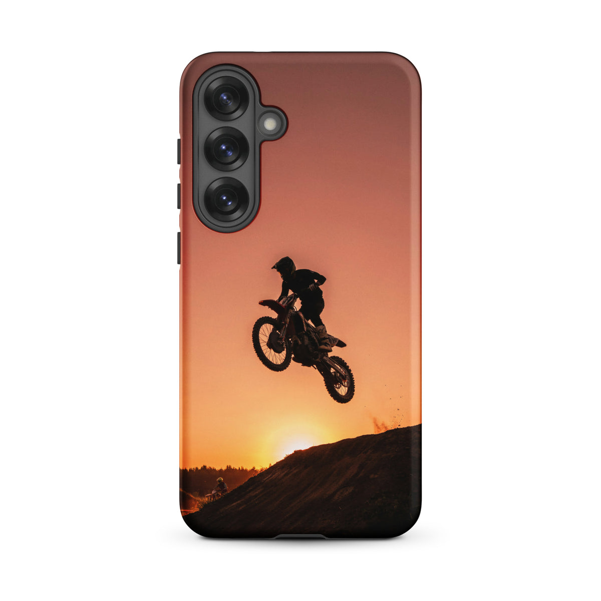 Phone Case for Samsung Galaxy with motocross dirt bike jump silhouetted against a sunset, featuring warm shades of copper and orange.