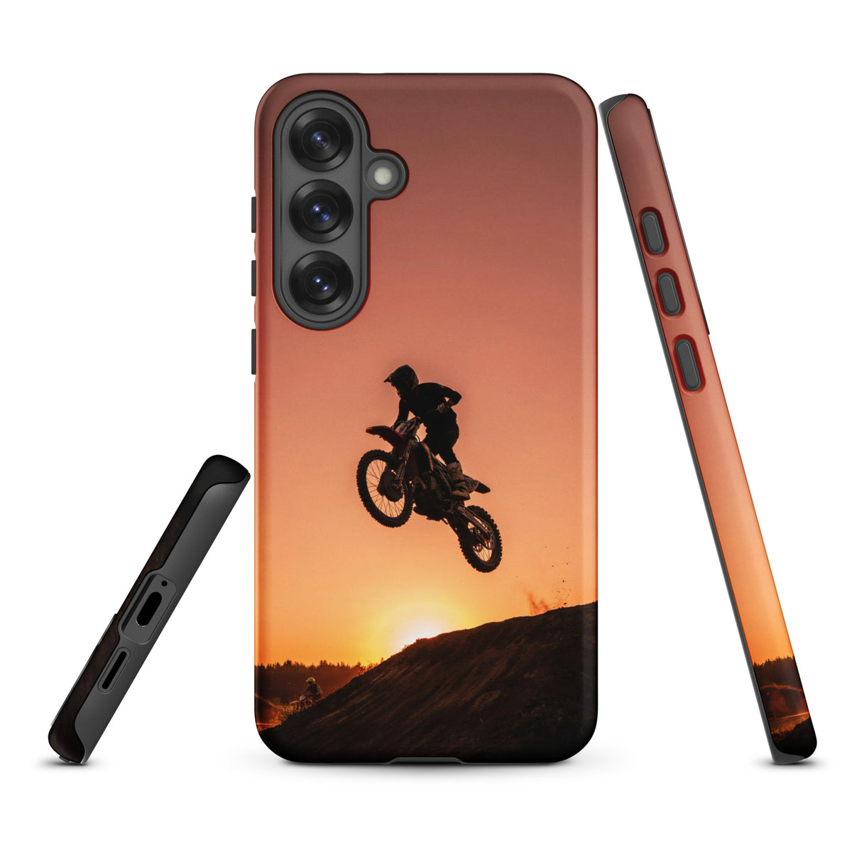 Phone Case for Samsung Galaxy with motocross sunset dirt bike design featuring a silhouetted biker against a glowing sunset.