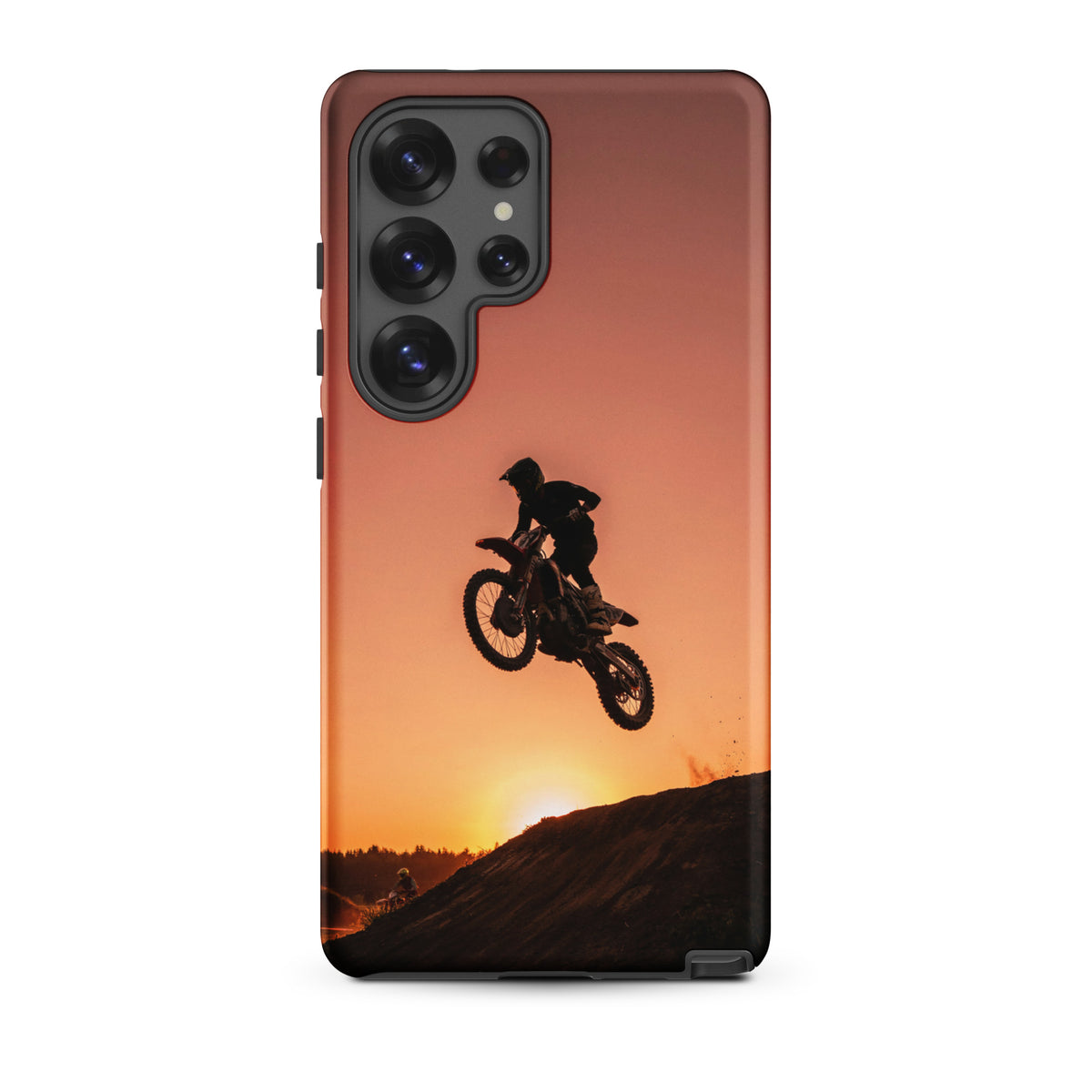 Phone Case for Samsung Galaxy with motocross sunset dirt bike design, featuring a silhouette jump against a vibrant sunset.