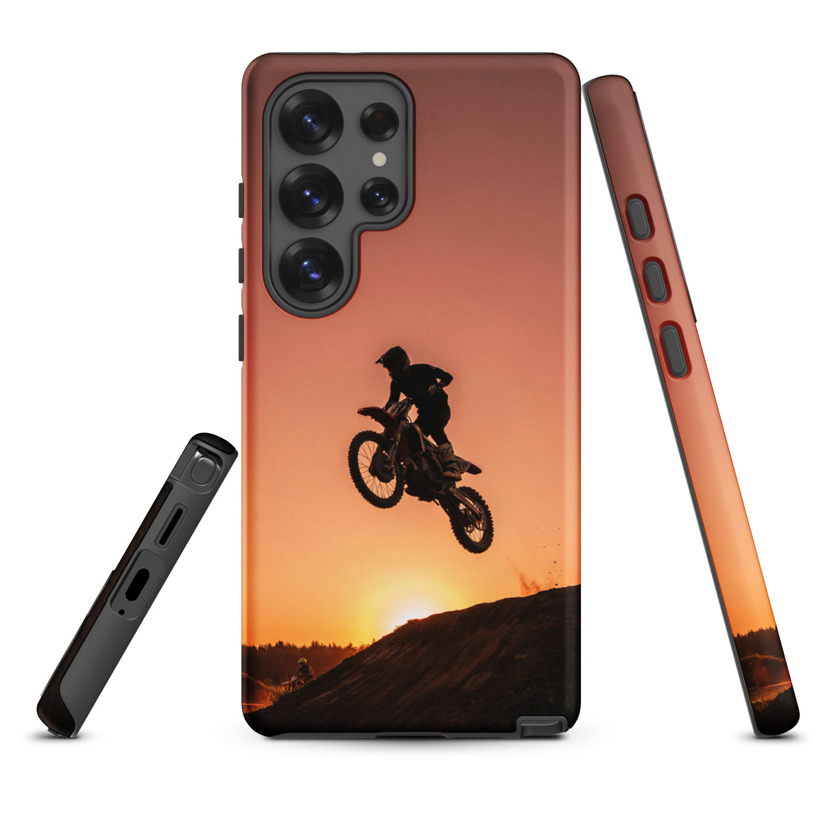 Phone Case for Samsung Galaxy featuring motocross dirt bike design with sunset silhouette of a jump in copper and orange hues.