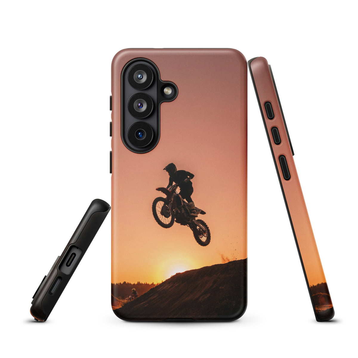 Phone Case for Samsung Galaxy featuring motocross dirt bike jump against a sunset background with copper and orange hues.