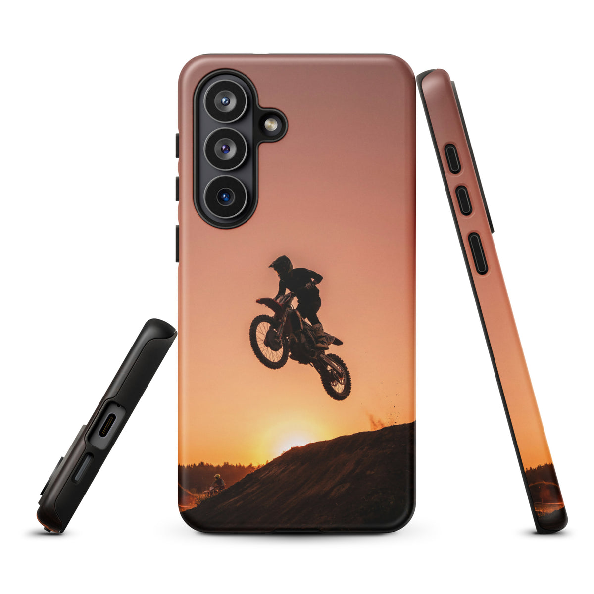 Phone Case for Samsung Galaxy with motocross sunset dirt bike design, featuring a dramatic jump silhouette with a glowing sunset background.