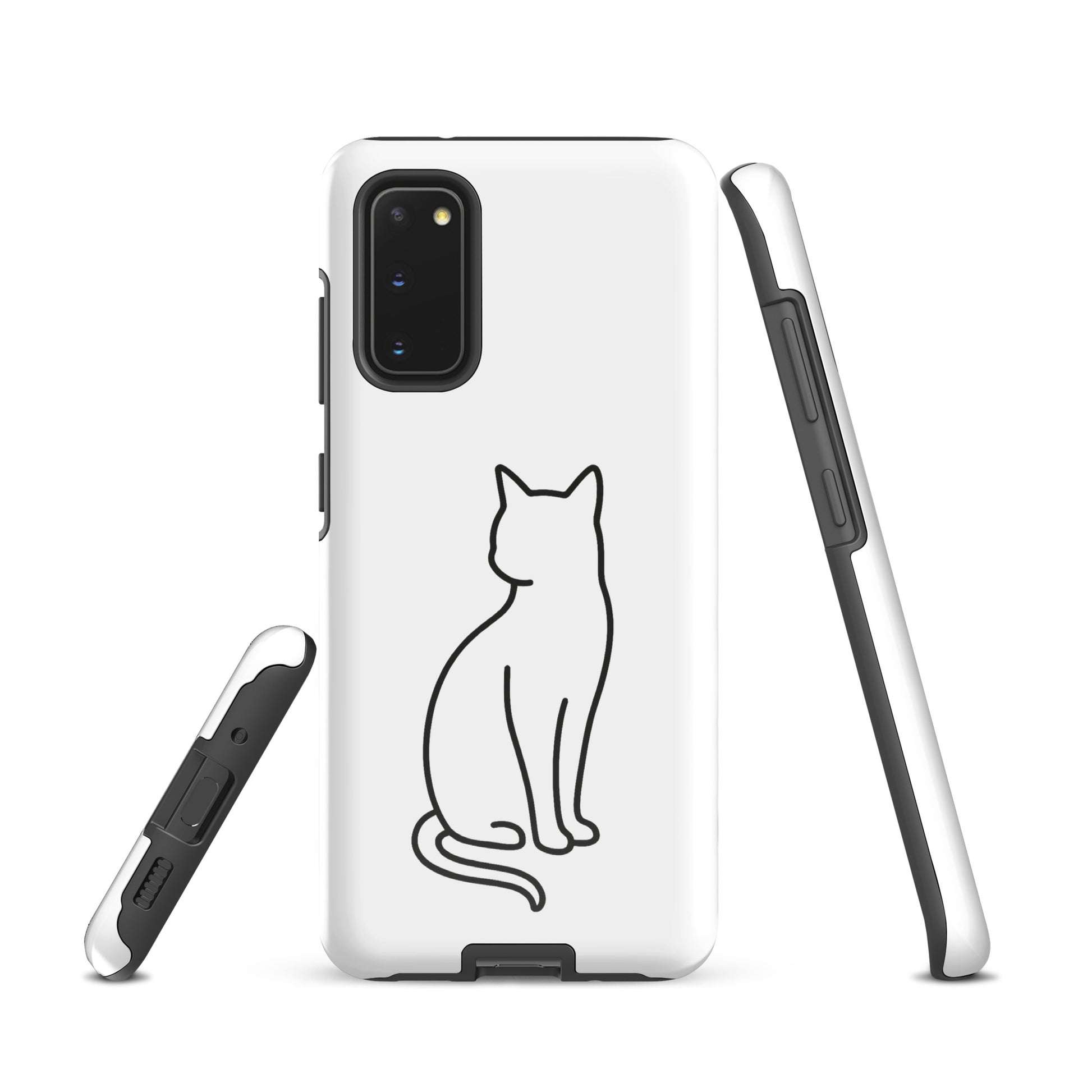 Phone Case for Samsung Galaxy with minimalist cat outline in white/black, designed for modern pet lovers, offering durable protection.