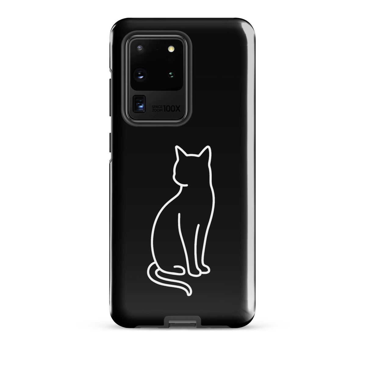 Phone Case for Samsung Galaxy with minimalist sitting cat design, black and white color, for pet lovers, dual-layer protection.