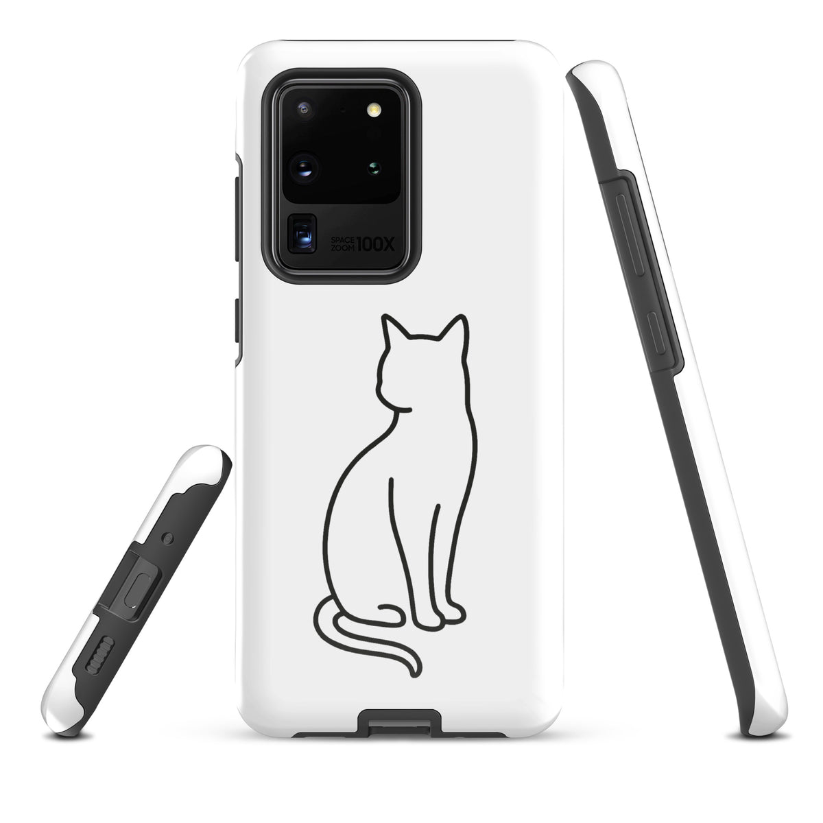 Phone Case for Samsung Galaxy featuring minimalist sitting cat design in black and white, ideal for modern pet lovers.