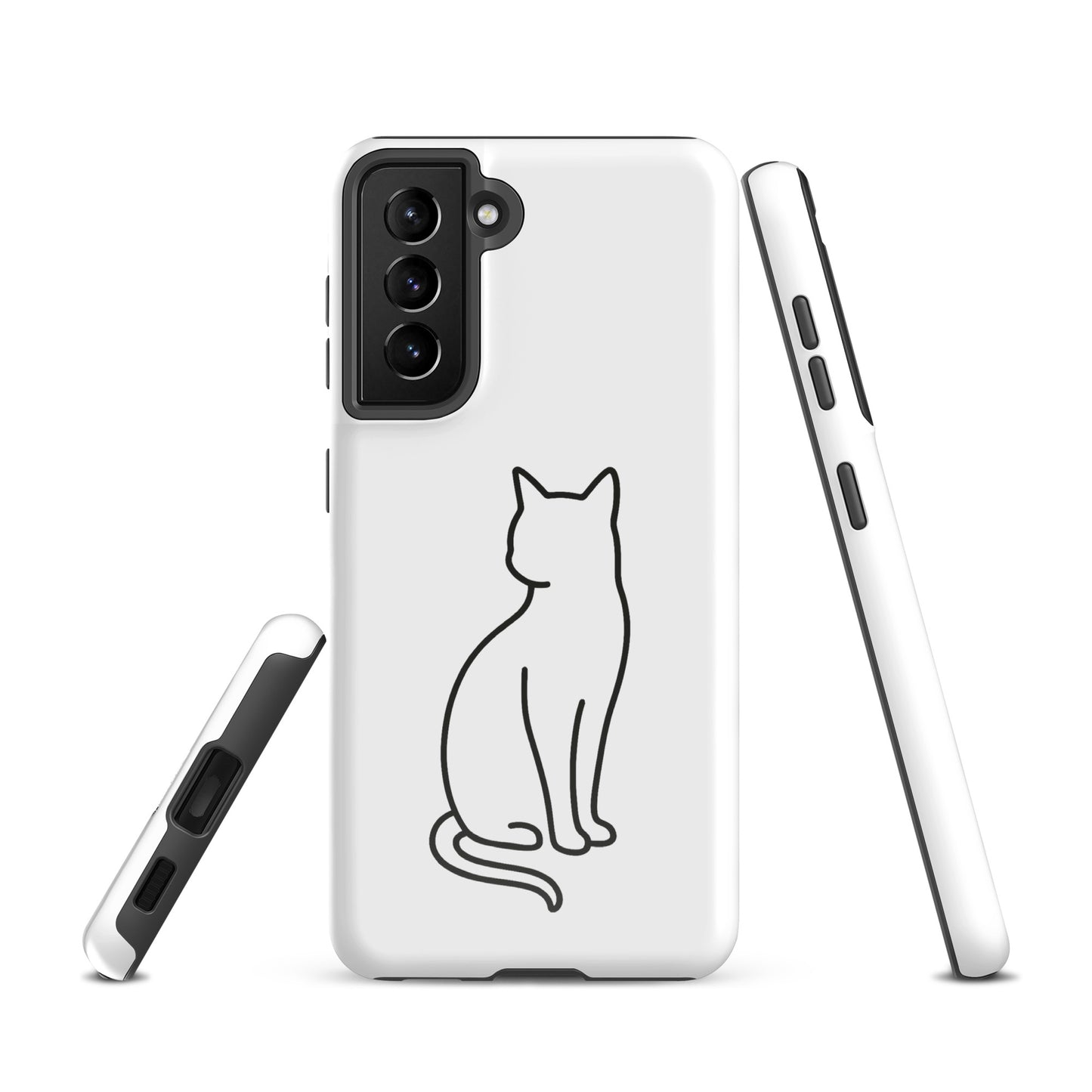 Phone Case for Samsung Galaxy with modern sitting cat design for stylish cat lovers in white and black, dual-layer protection.