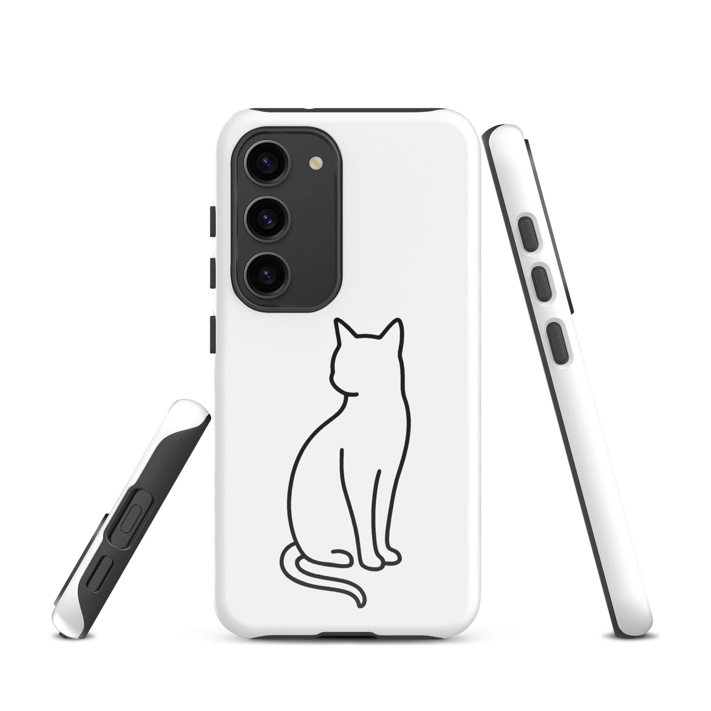 Phone Case for Samsung Galaxy featuring minimalist sitting cat design, white/black, perfect for modern pet lovers seeking style and protection.