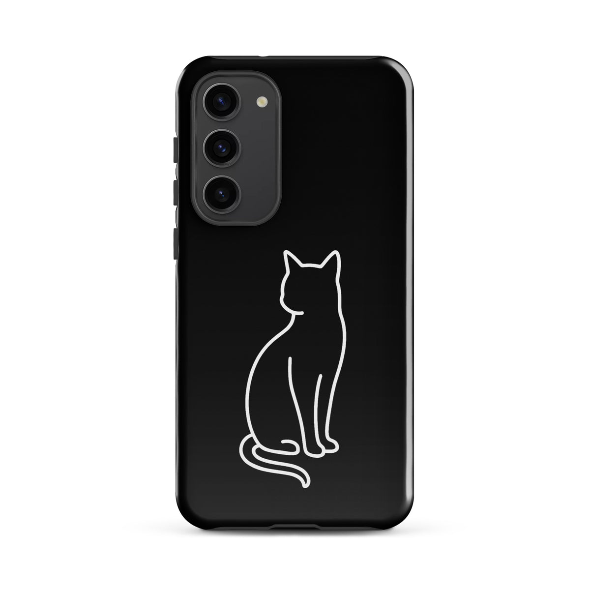 Phone Case for Samsung Galaxy with sitting cat outline, black/white design for stylish pet lovers, dual-layer protection.