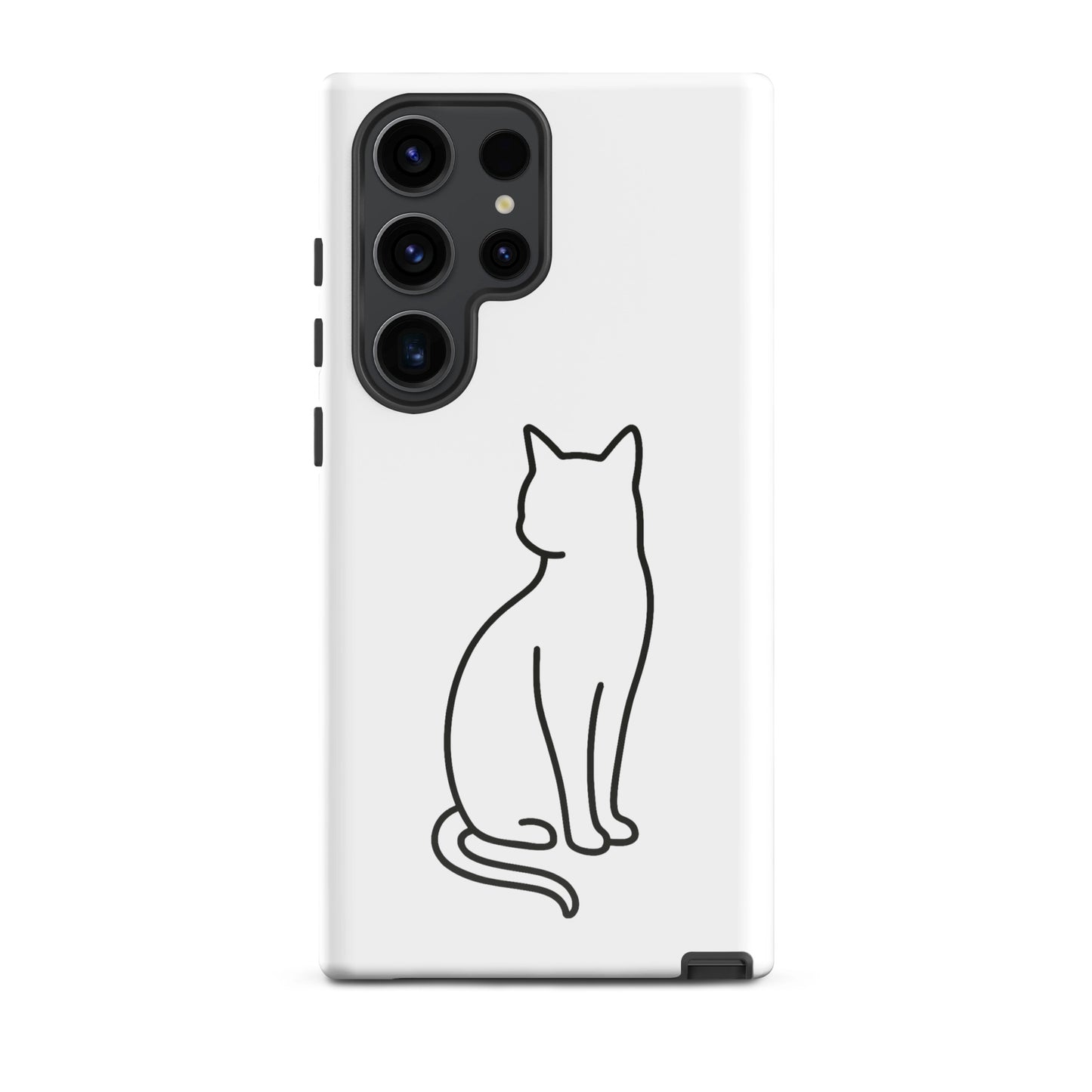Phone Case for Samsung Galaxy with sitting cat design in white and black for pet lovers. Modern and durable protection with minimalist art.