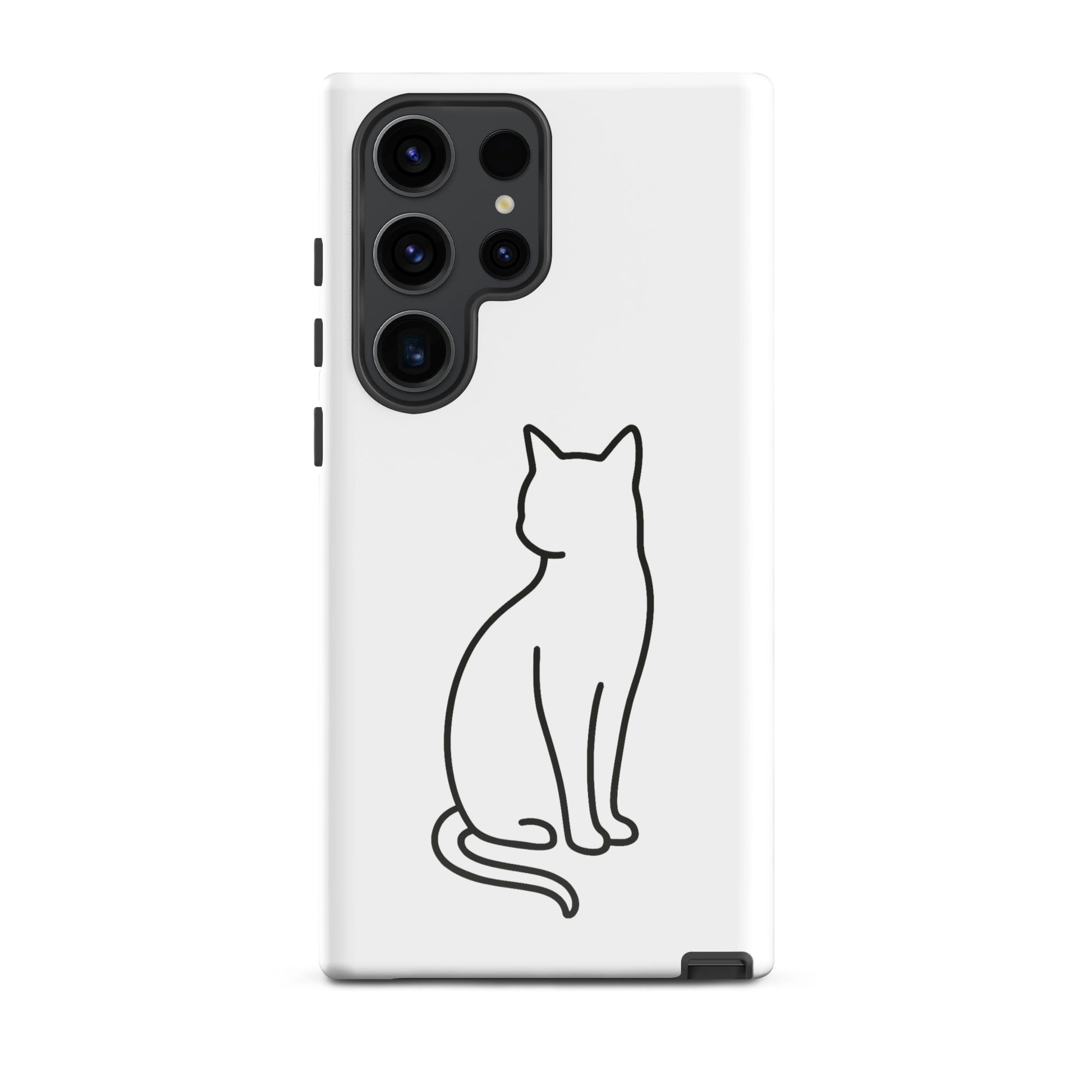 Phone Case for Samsung Galaxy with sitting cat design in white and black for pet lovers. Modern and durable protection with minimalist art.