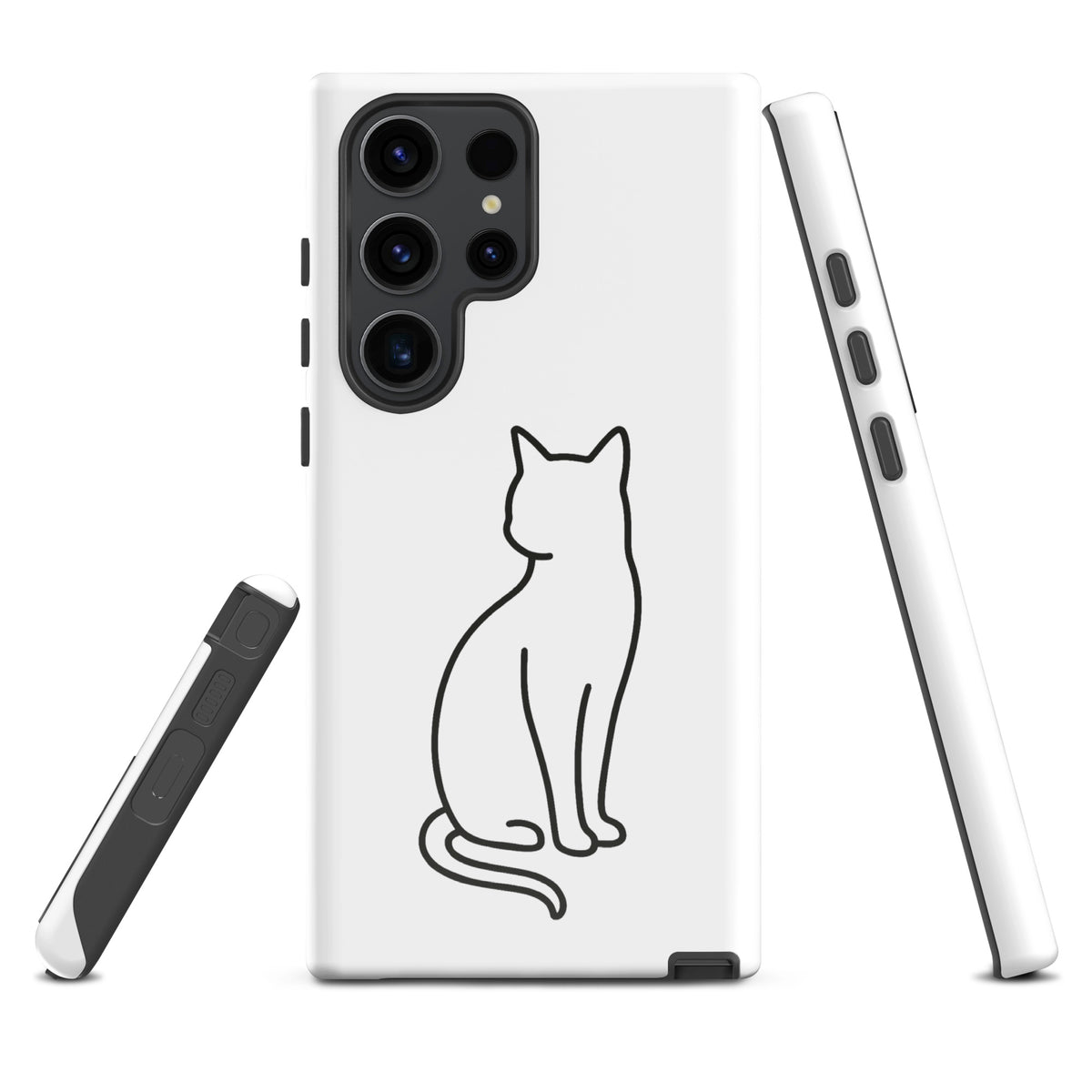 Phone Case for Samsung Galaxy with sleek sitting cat design in white and black for modern pet lovers.