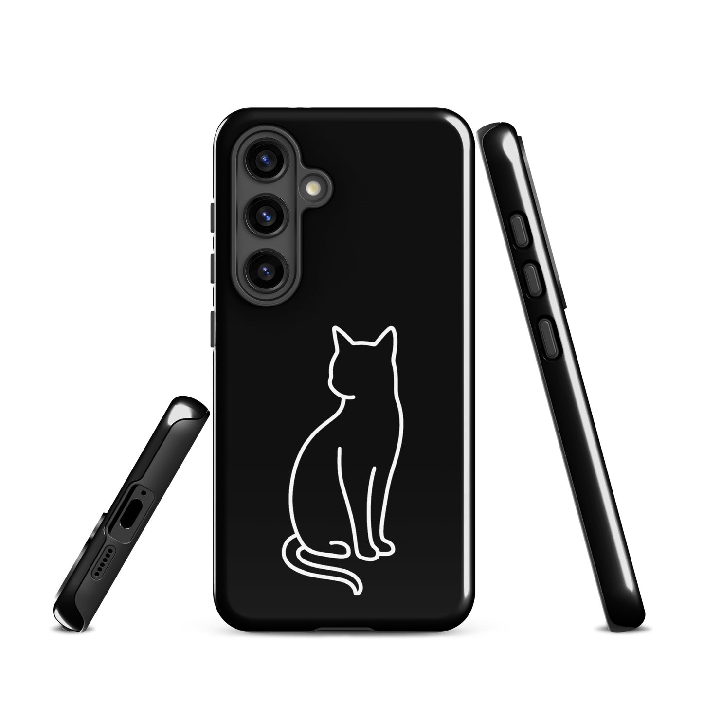 Phone Case for Samsung Galaxy with modern sitting cat design in black and white for stylish pet lovers.