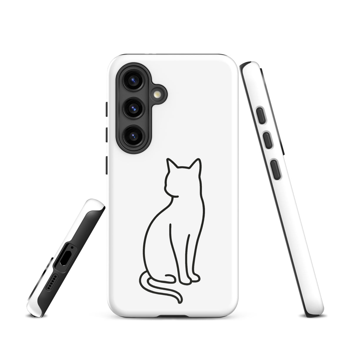 Phone Case for Samsung Galaxy with minimalist sitting cat design, white and black, for modern pet lovers.
