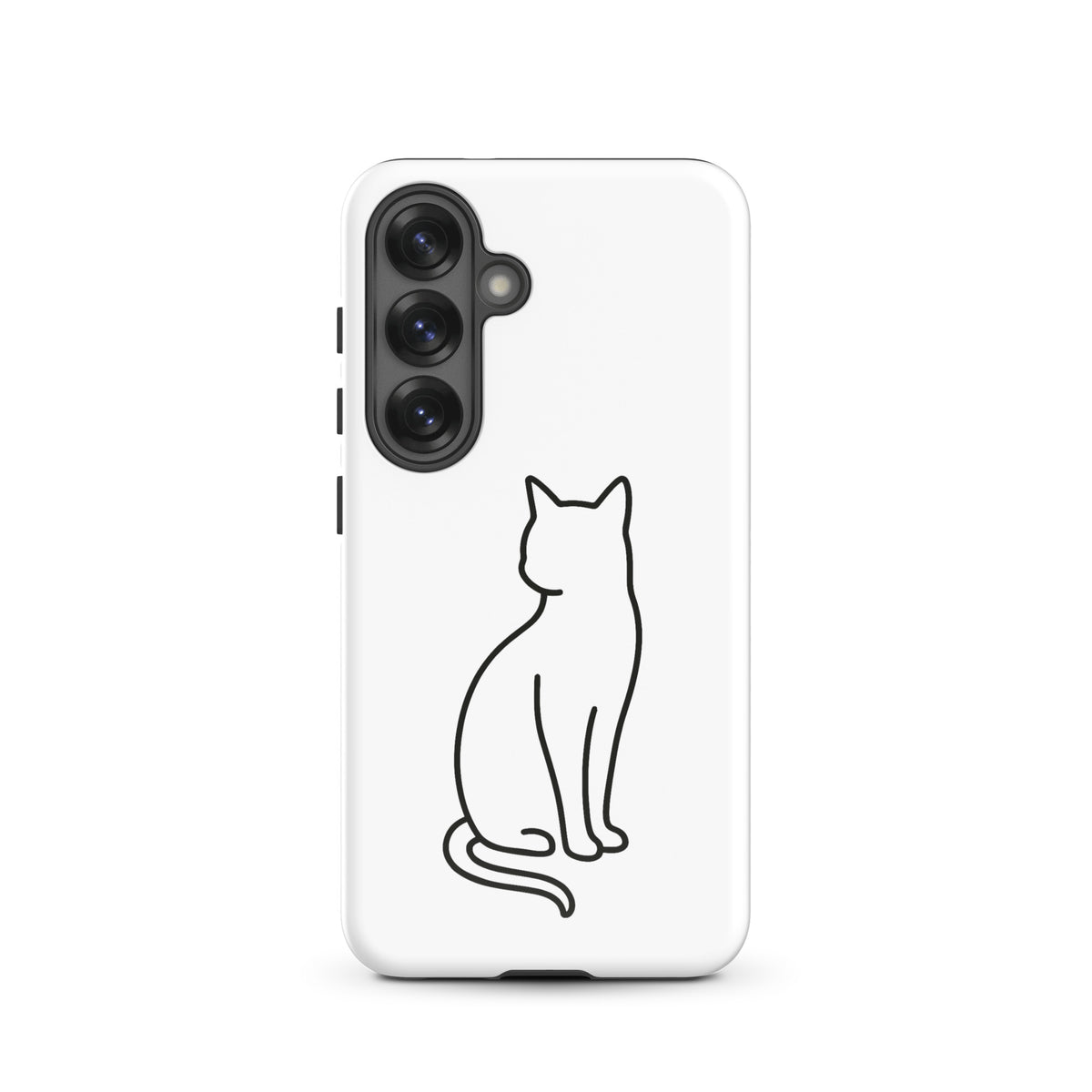 Phone Case for Samsung Galaxy with minimalist sitting cat design in black on white background for modern pet lovers.