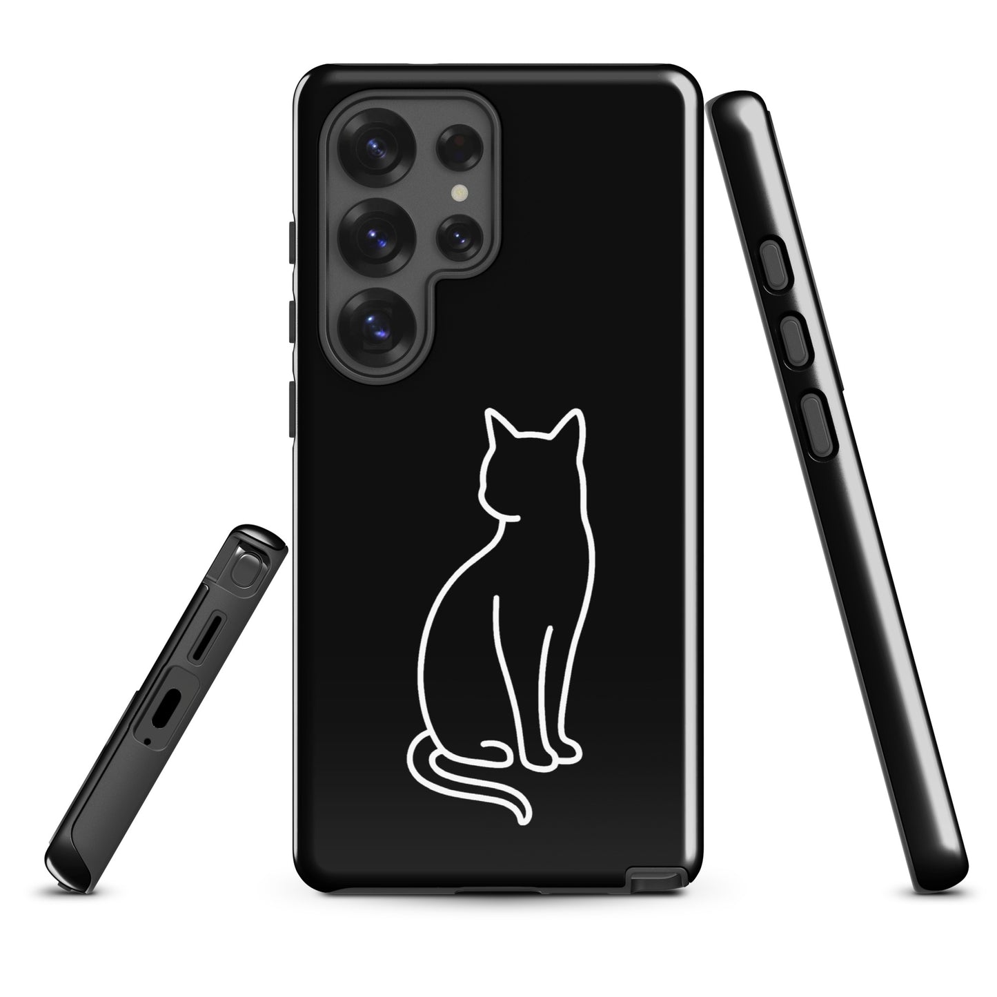Phone Case for Samsung Galaxy with sitting cat design, black and white, durable protection for modern cat lovers' devices.