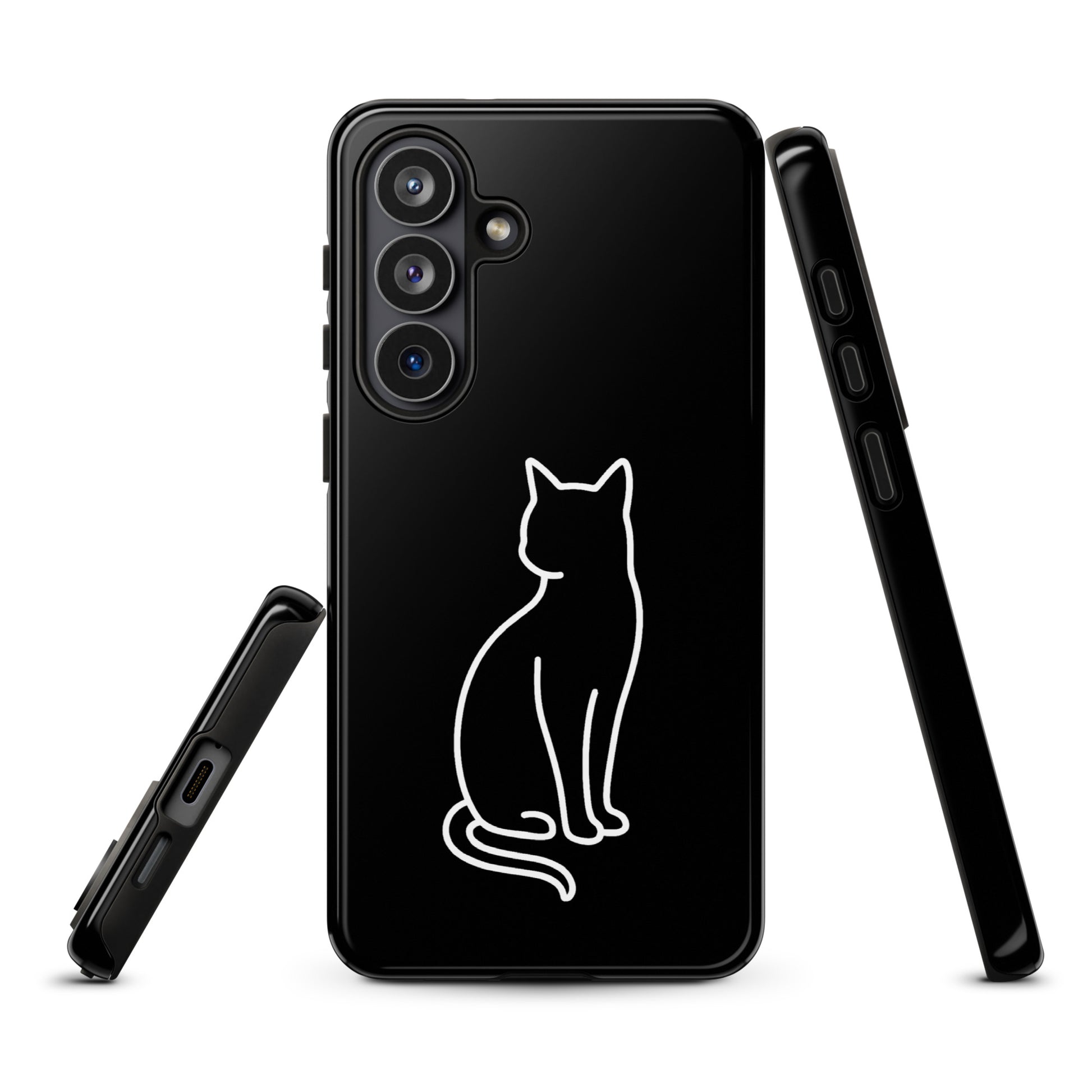 Phone Case for Samsung Galaxy with sitting cat design, black and white, for modern pet lovers, dual-layer protection