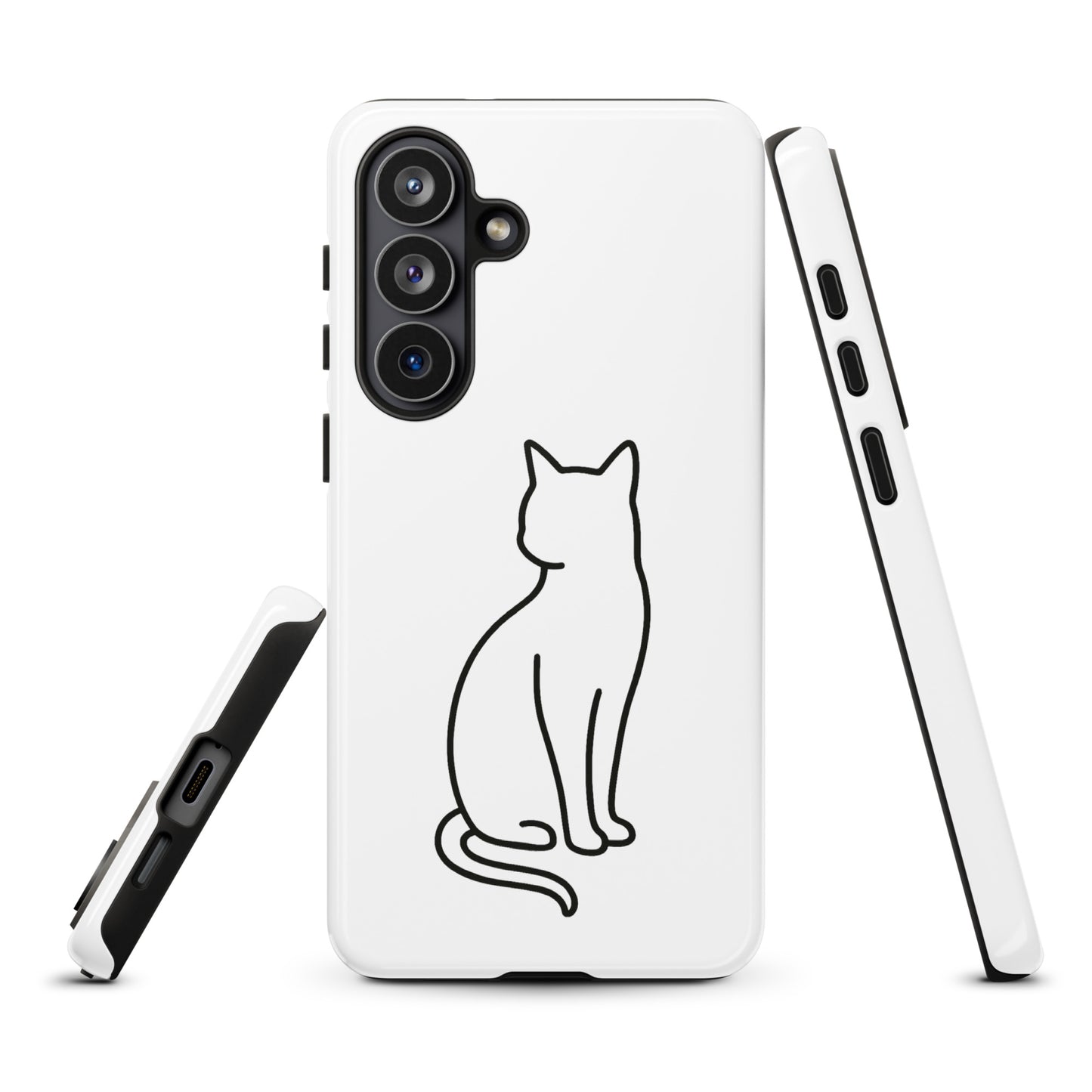 Phone Case for Samsung Galaxy with minimalist cat design, sleek and durable, perfect for modern pet lovers in white and black colors.