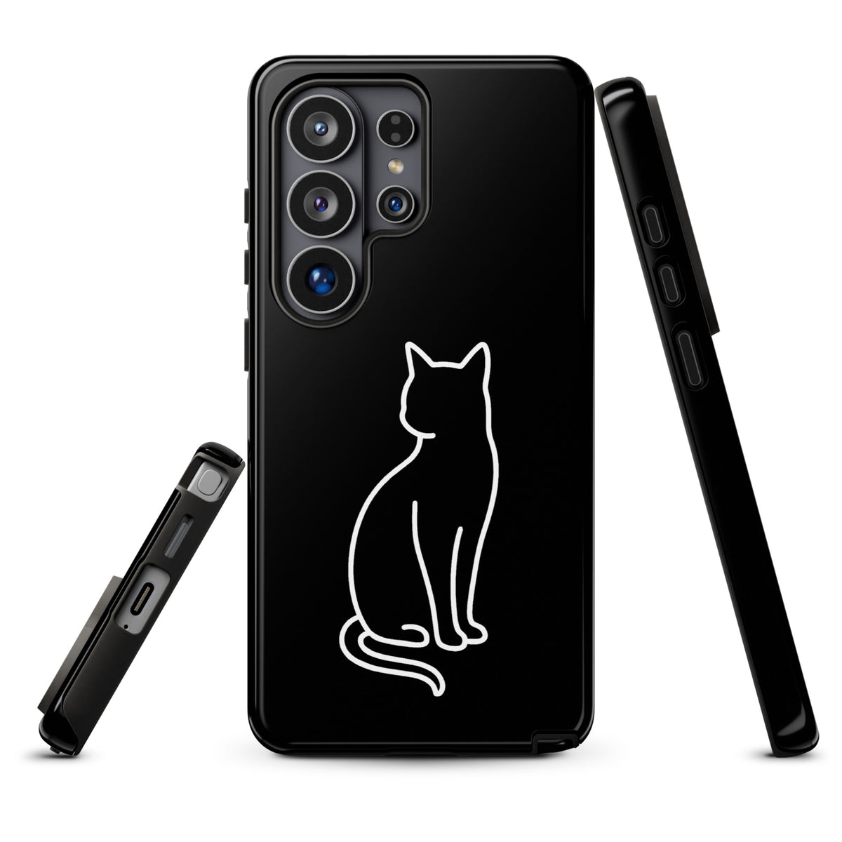 Phone Case for Samsung Galaxy featuring minimalist sitting cat design, perfect for modern pet lovers, in black and white