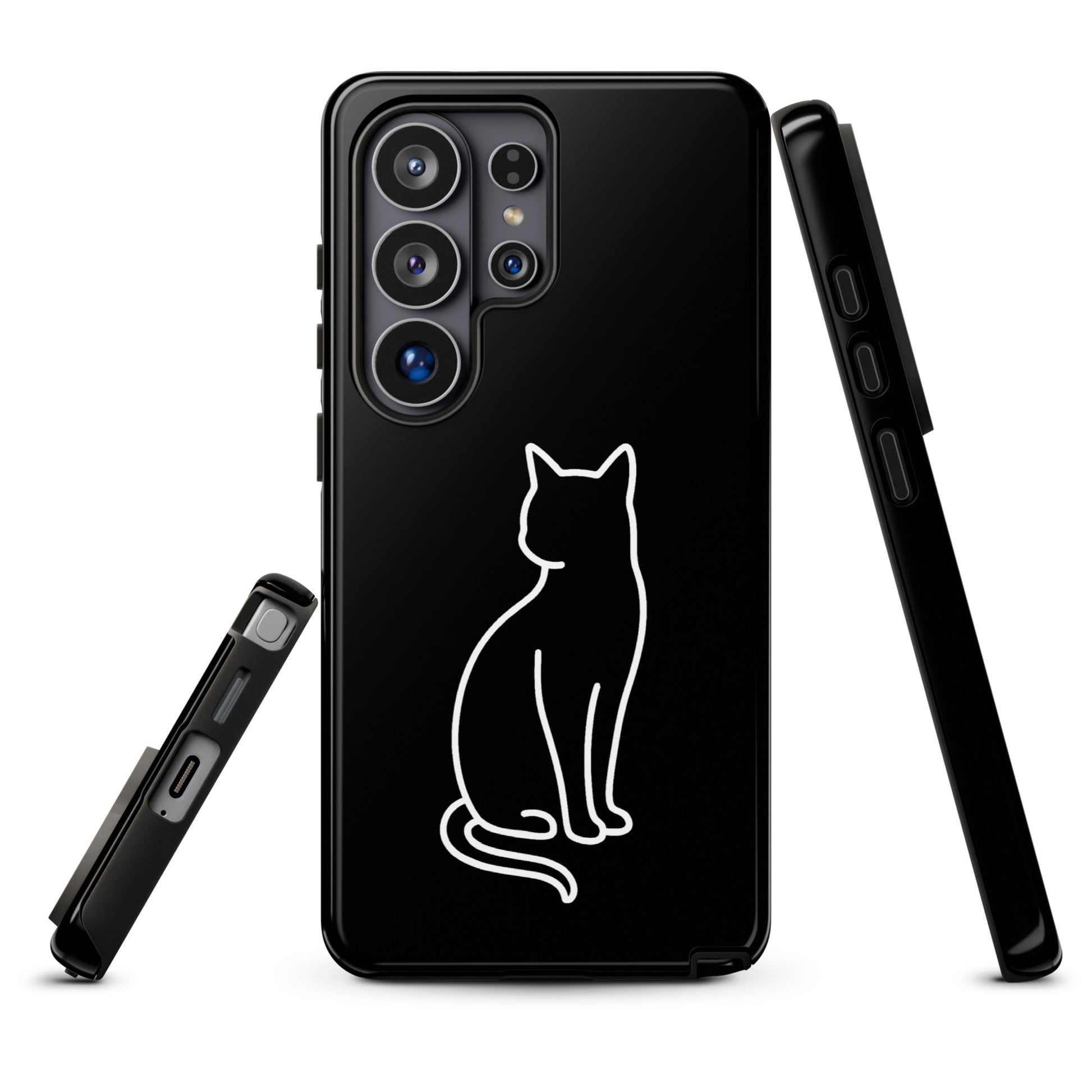 Phone Case for Samsung Galaxy featuring minimalist sitting cat design, perfect for modern pet lovers, in black and white