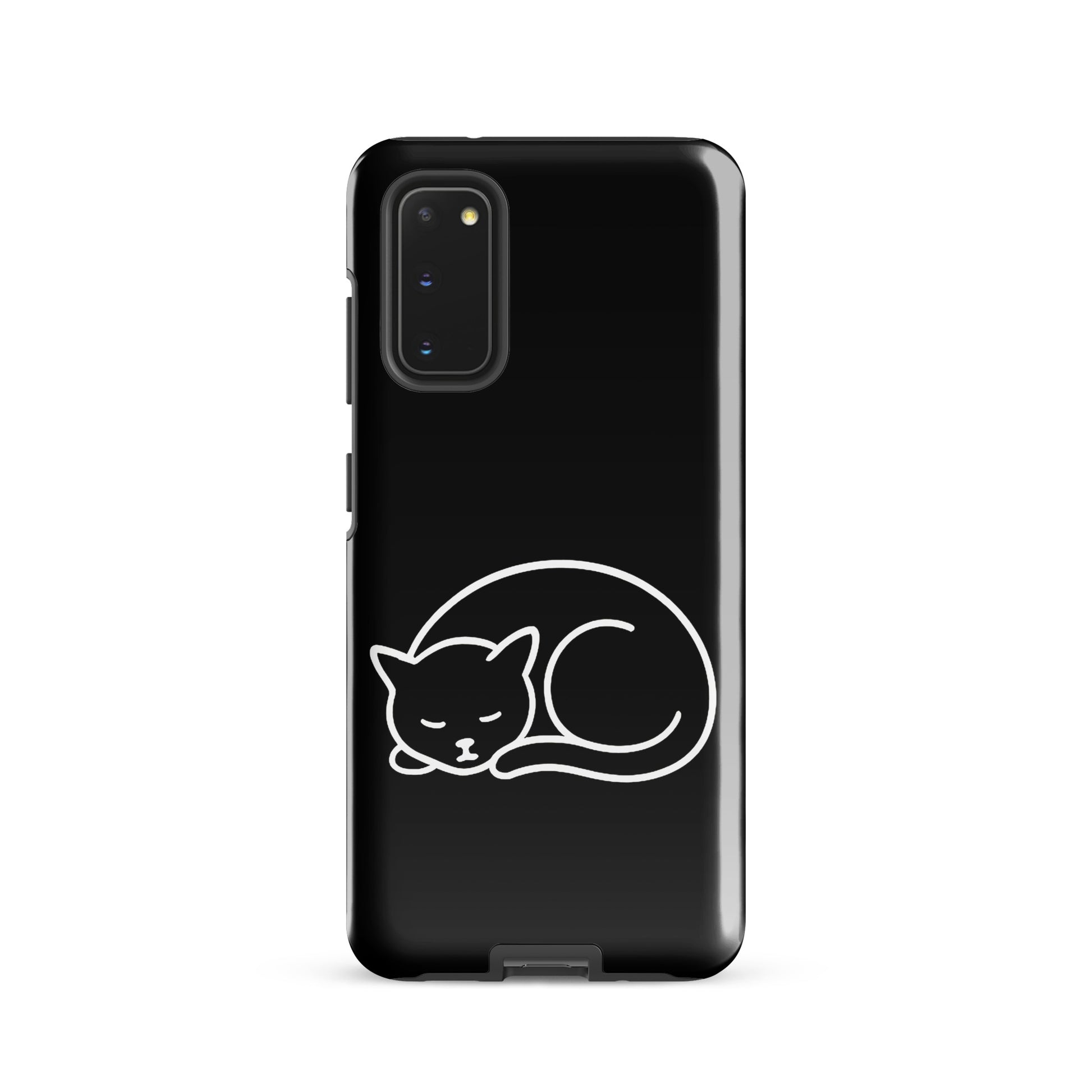 Phone Case for Samsung Galaxy with black and white minimalist curled-up cat design, dual-layer protection for cat lovers.