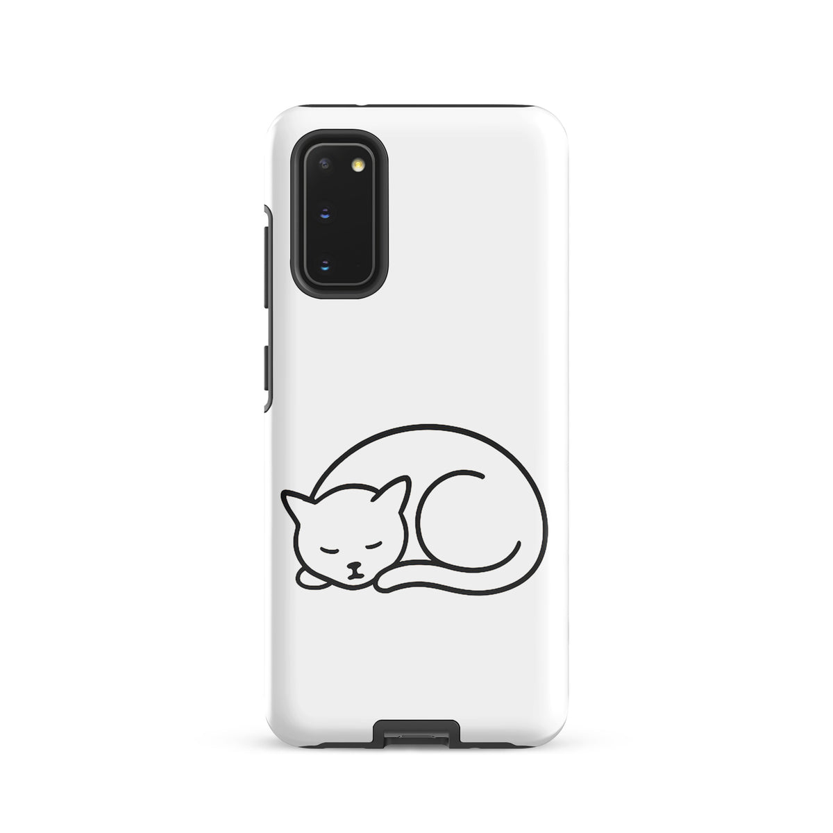 Phone Case for Samsung Galaxy with minimalist curled-up cat design, dual-layer protection in white, perfect for cat lovers.
