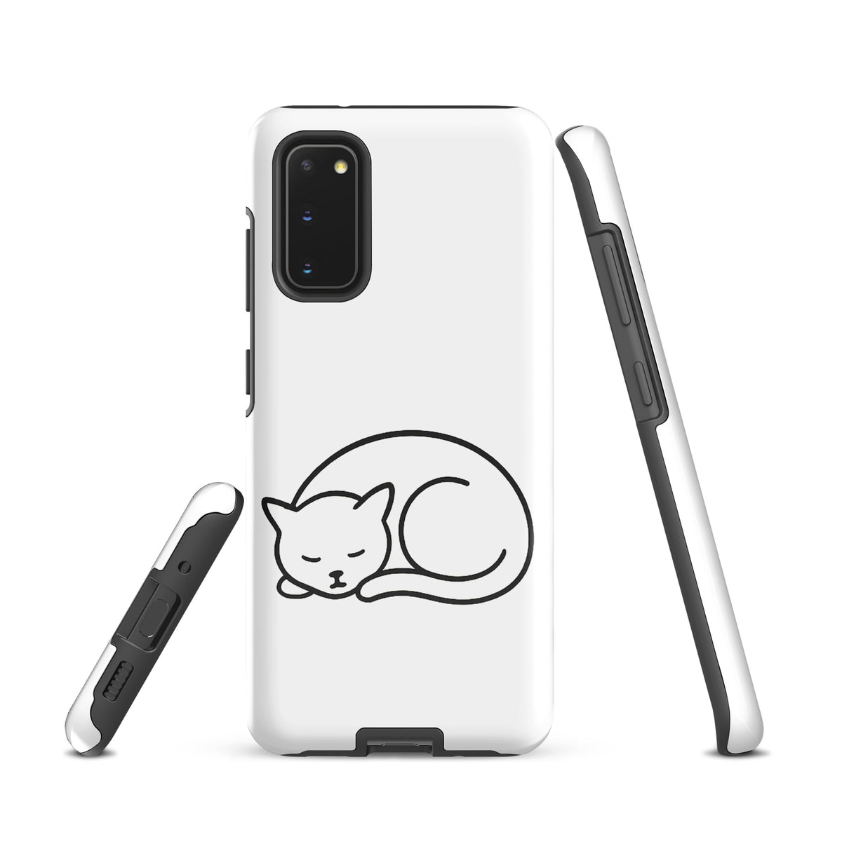 Phone Case for Samsung Galaxy with minimalist curled-up cat design in white and black. Dual-layer protection for cat lovers.