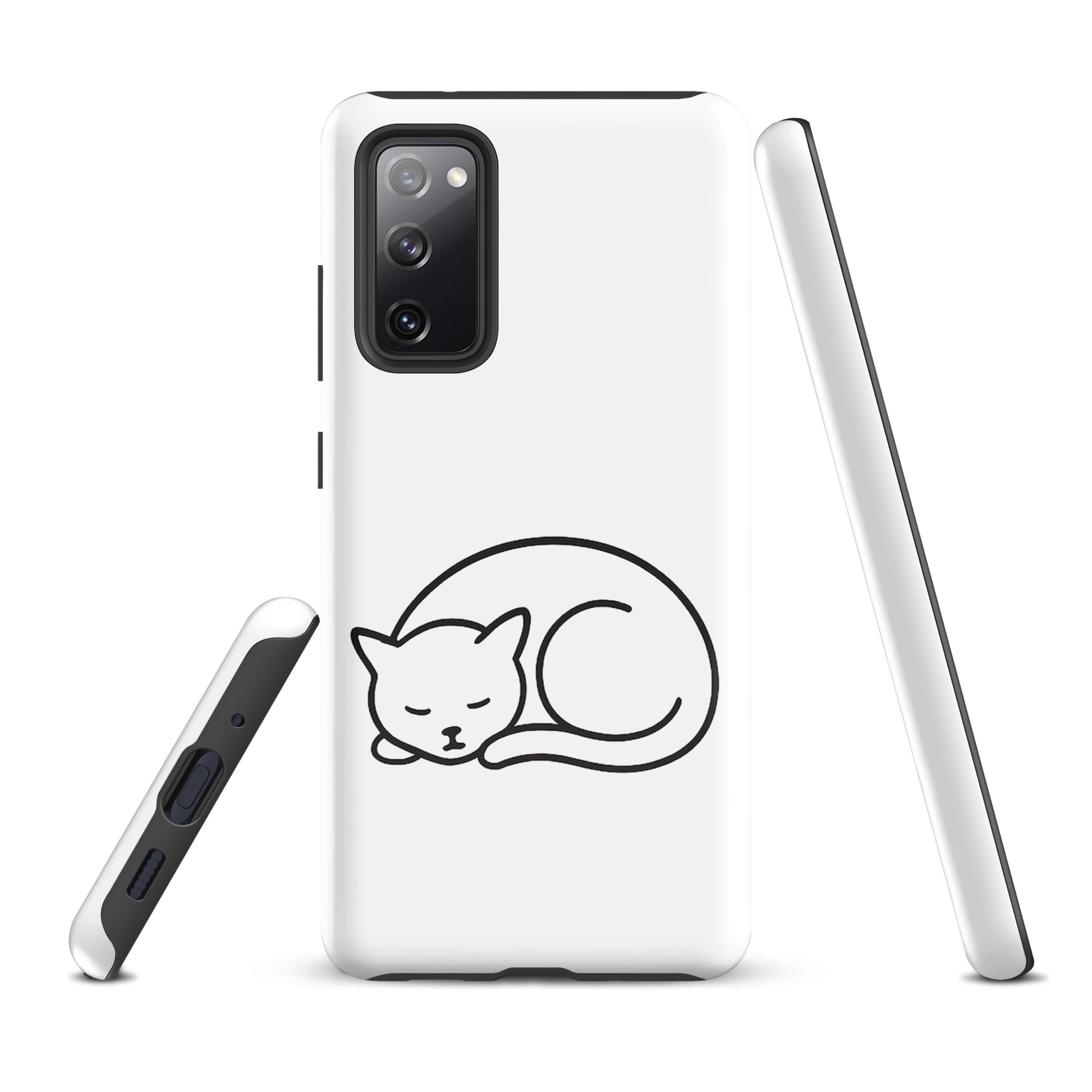 Phone Case for Samsung Galaxy with minimalist curled-up cat design in white and black, offering dual-layer protection for cat lovers.