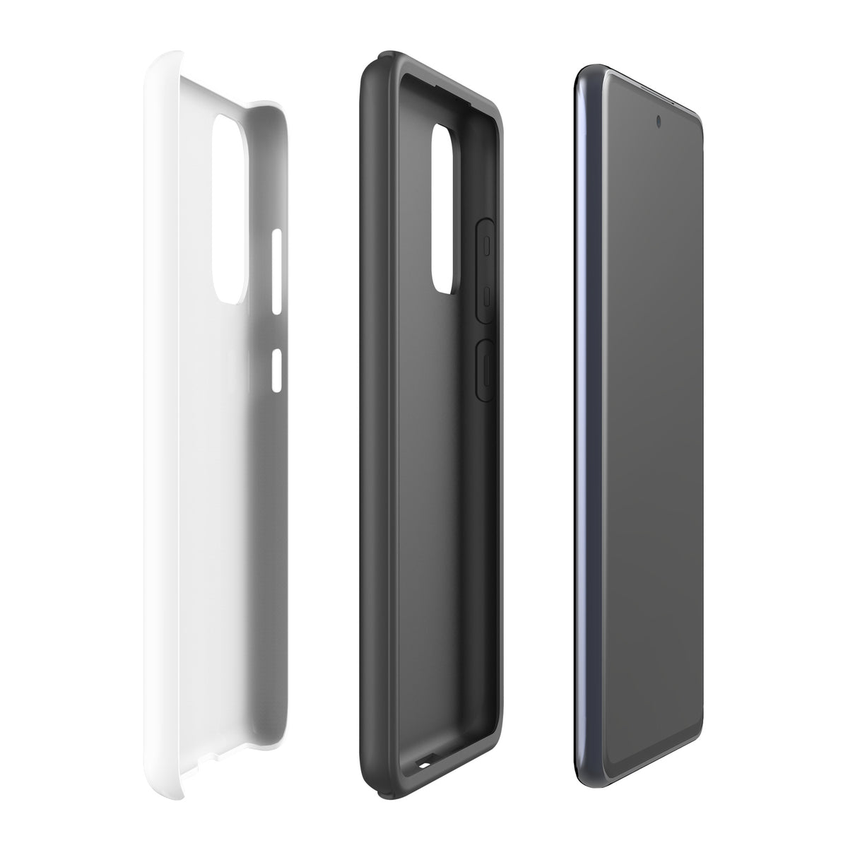 Phone Case for Samsung Galaxy Phones with Minimalist Curled-Up Cat Design in White and Black, dual-layer protection shown.