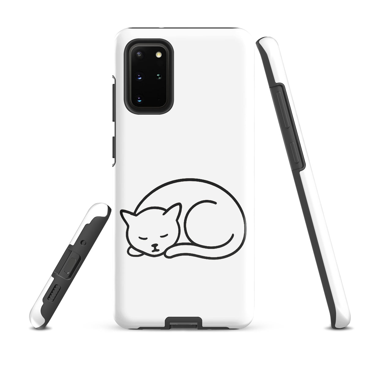 Phone Case for Samsung Galaxy Phones with minimalist curled-up cat design, dual-layer protection, white and black color.