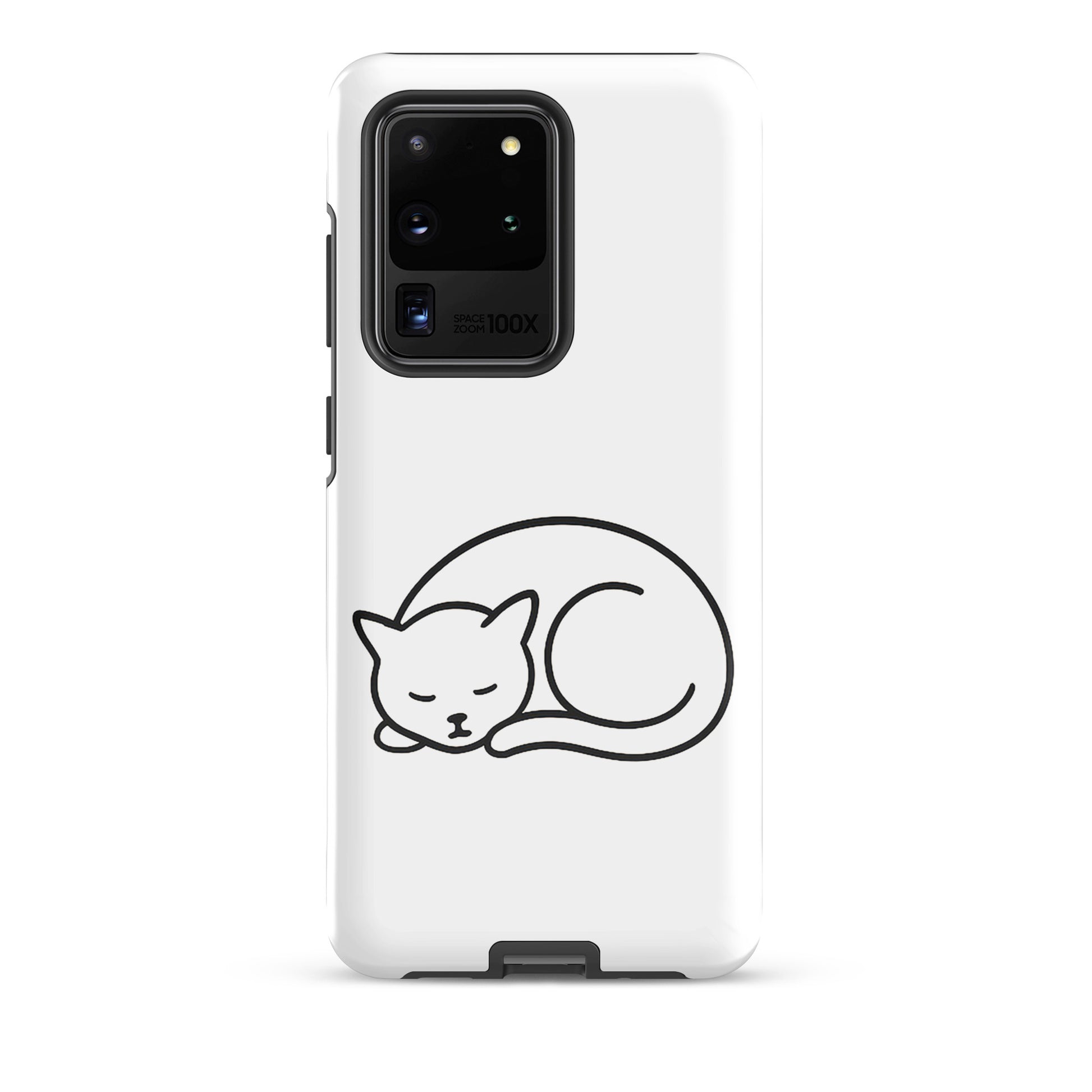 Phone Case with minimalist curled-up cat design for Samsung Galaxy Phones in white and black.