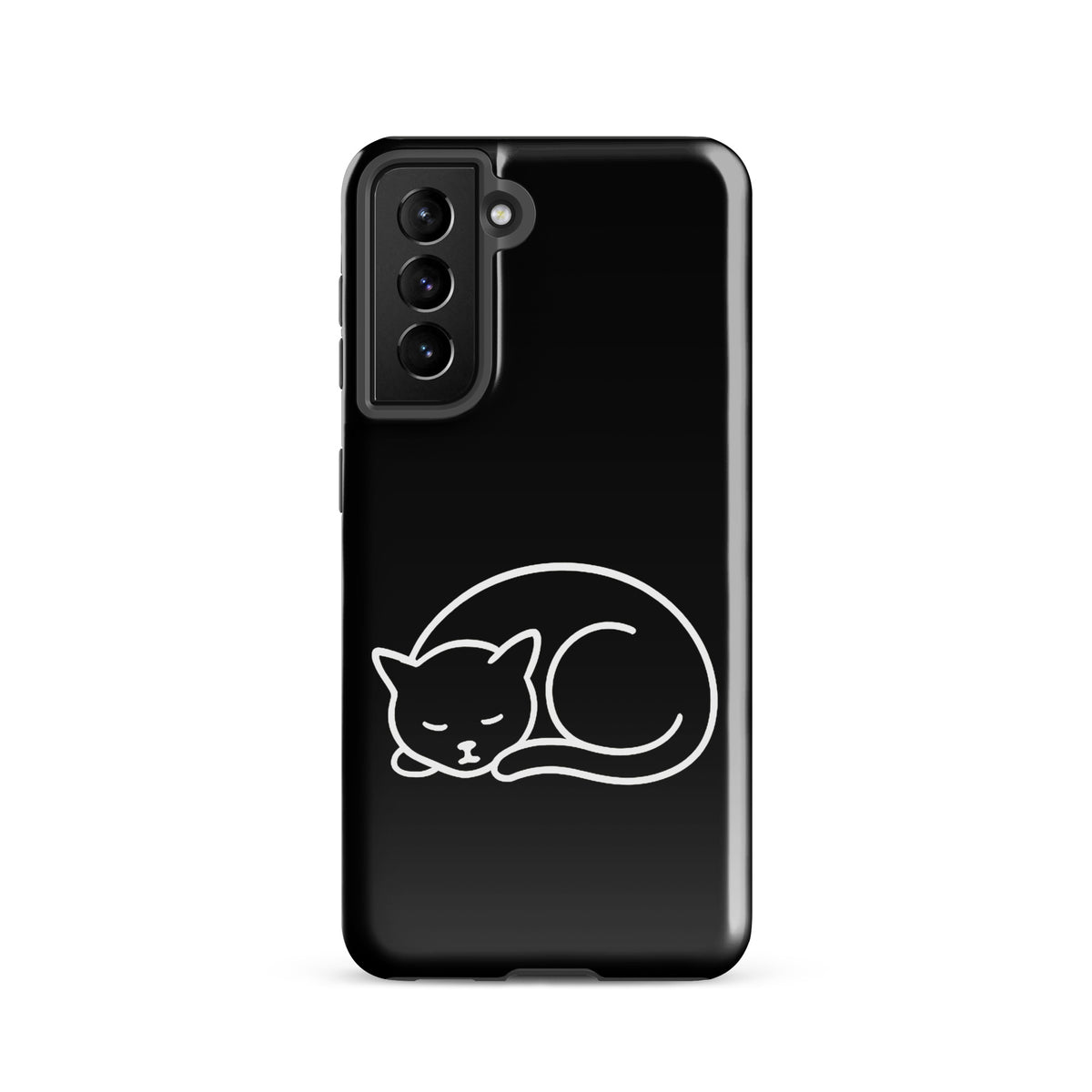 Phone Case for Samsung Galaxy with minimalist curled-up cat design in black and white, offering dual-layer protection for cat lovers.