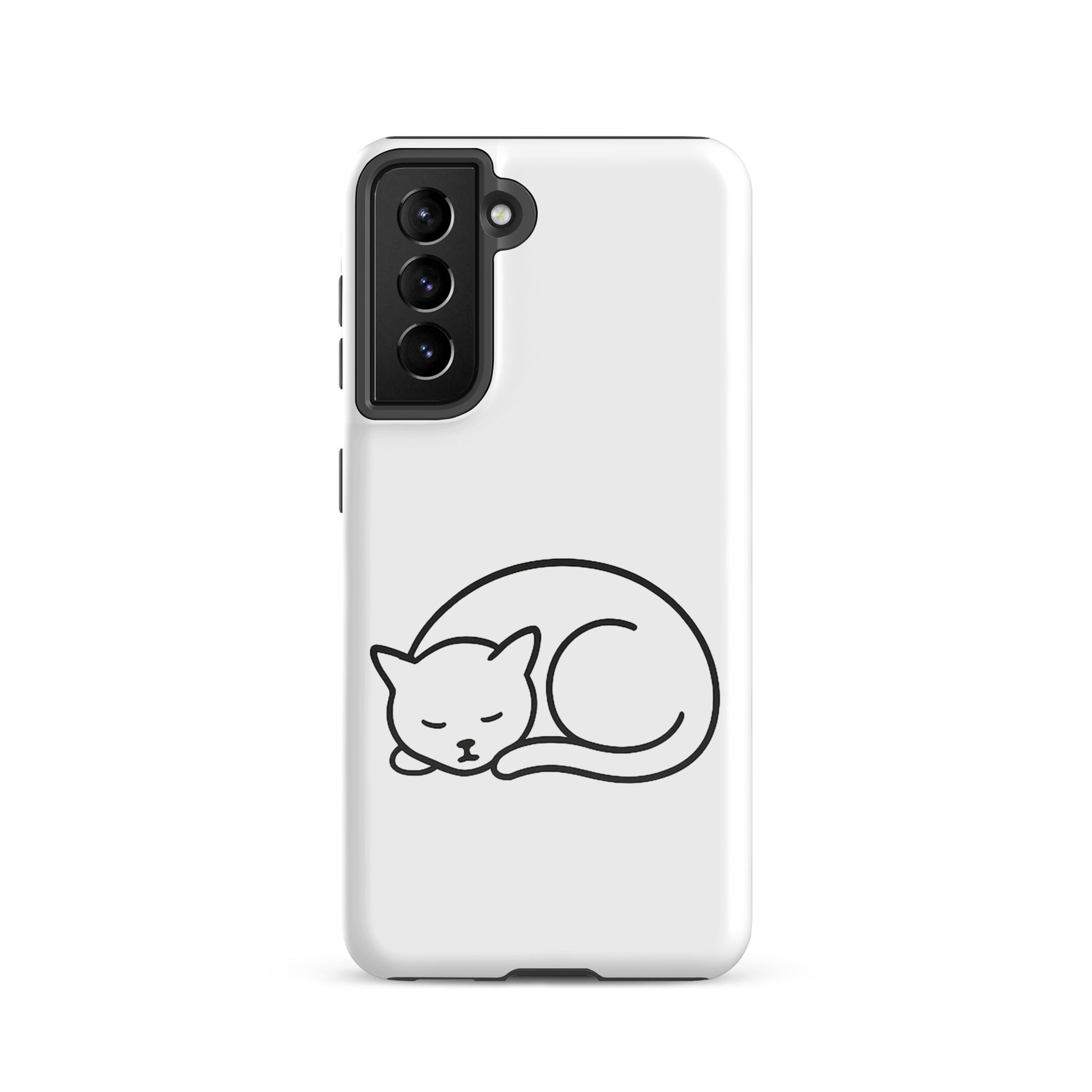 Phone Case for Samsung Galaxy with minimalist curled-up cat design in white and black, providing dual-layer protection.