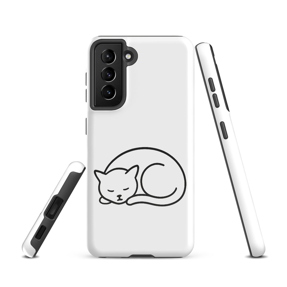 Phone Case for Samsung Galaxy with minimalist curled-up cat design, dual-layer protection, perfect for cat lovers.