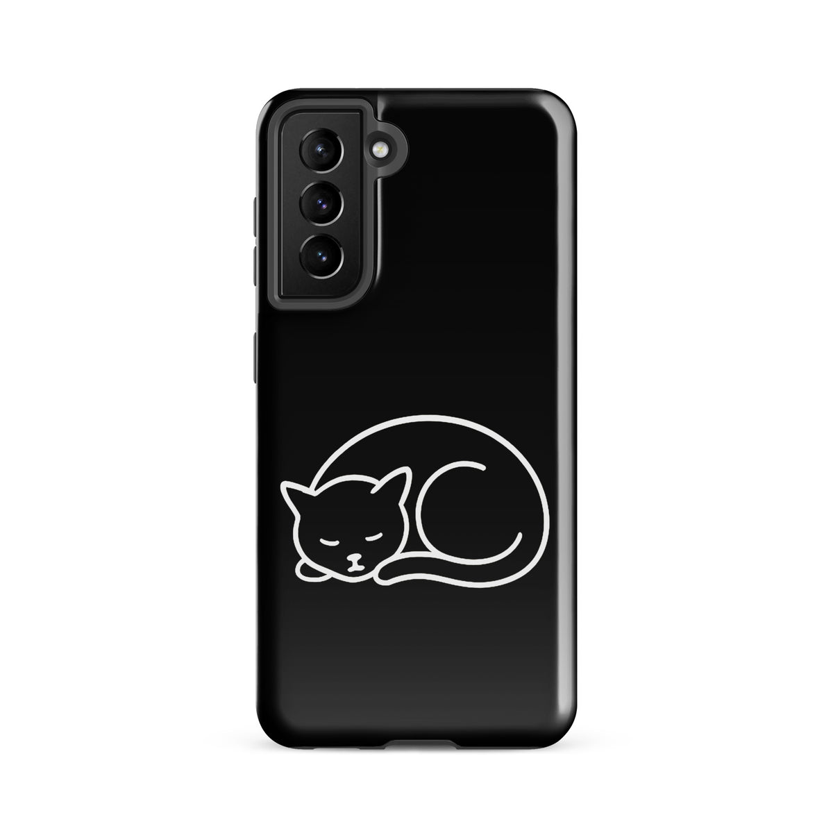 Phone Case for Samsung Galaxy Phones with minimalist curled-up cat design in black and white for feline lovers seeking dual-layer protection.