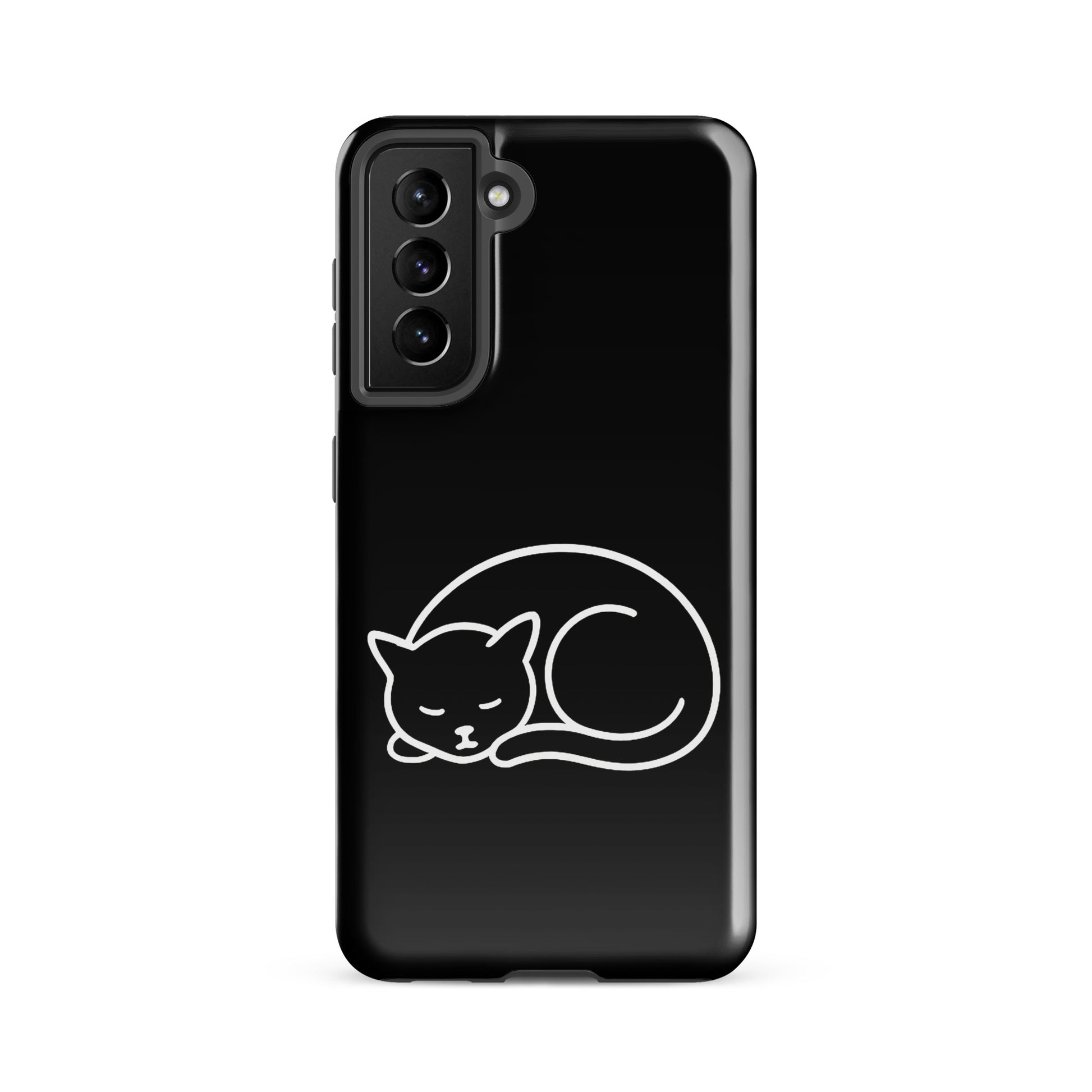 Phone Case for Samsung Galaxy Phones with minimalist curled-up cat design in black and white for feline lovers seeking dual-layer protection.