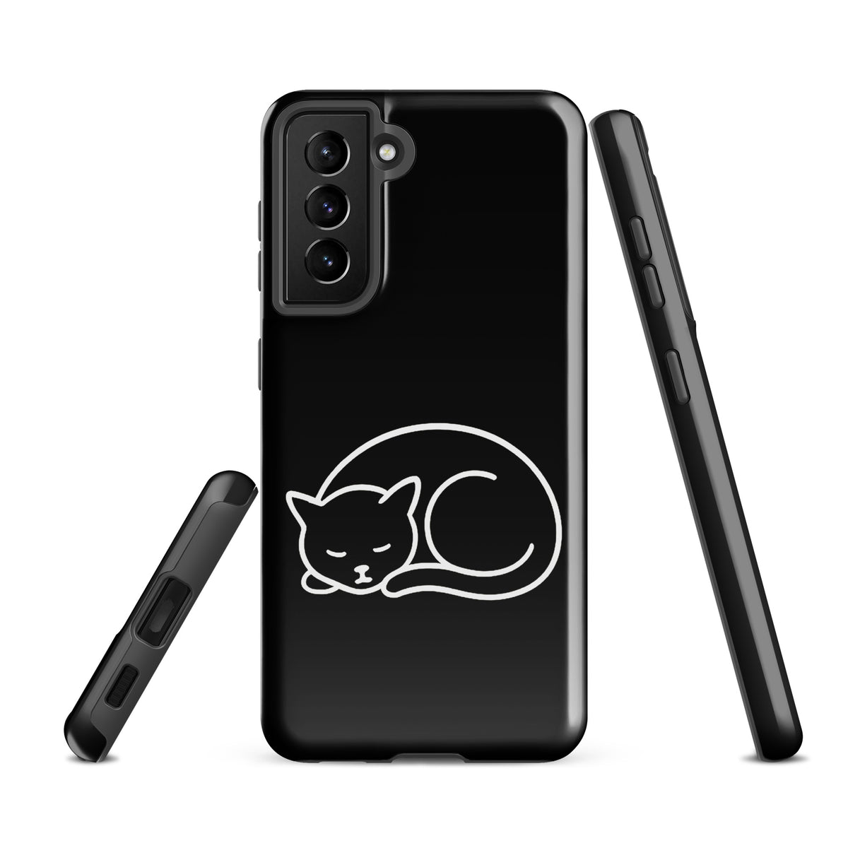 Phone Case for Samsung Galaxy with minimalist curled-up cat design in black and white, featuring dual-layer protection for cat lovers.