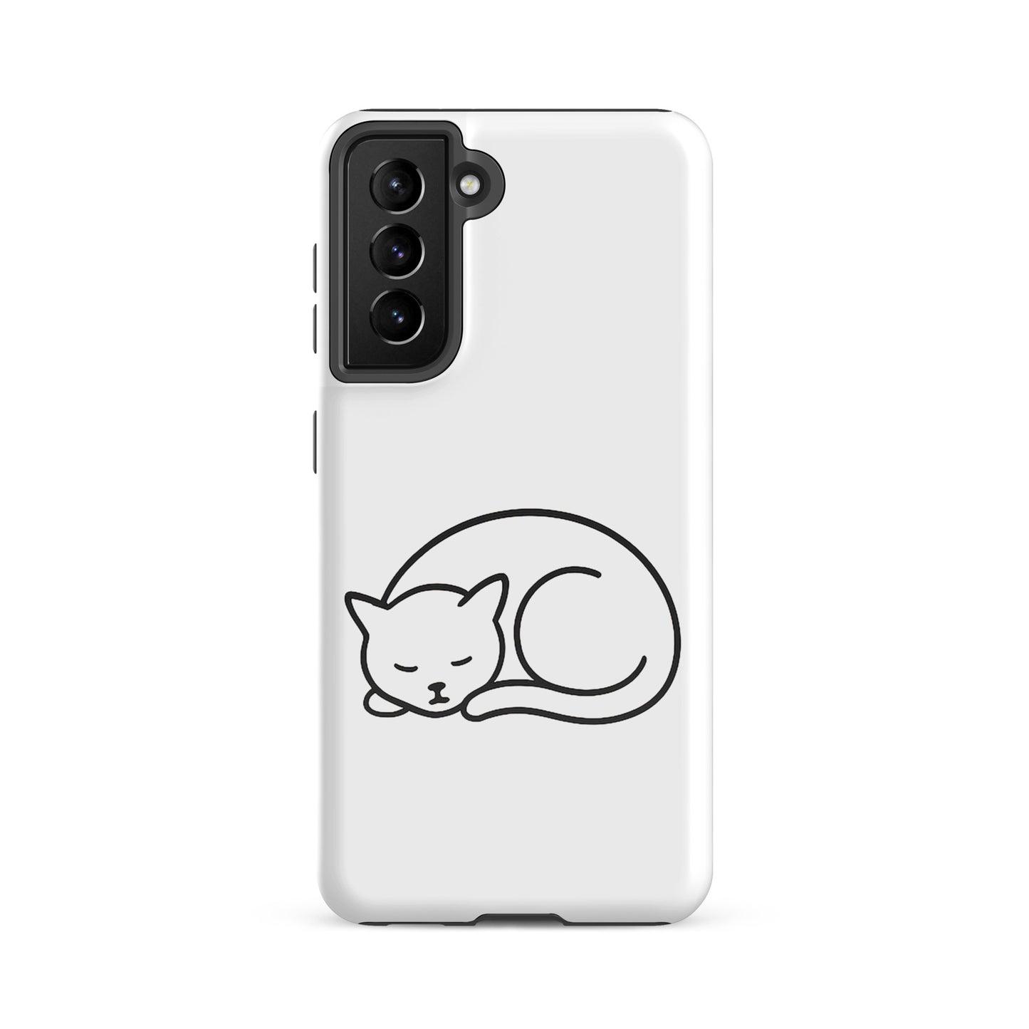 Phone Case for Samsung Galaxy with minimalist cat design, dual-layer protection in white and black.