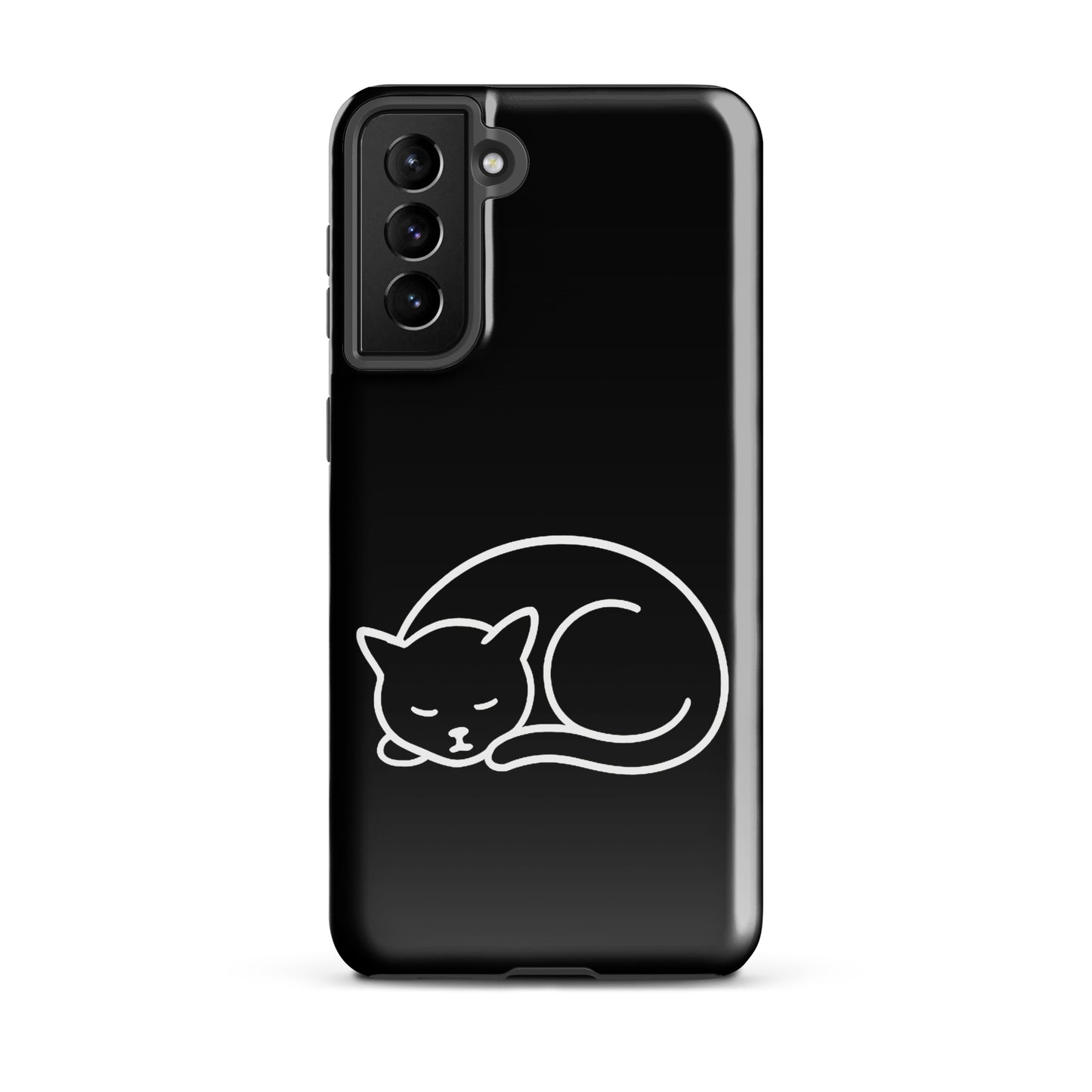 Phone Case for Samsung Galaxy with curled-up cat design in black and white, offering dual-layer protection for cat lovers.