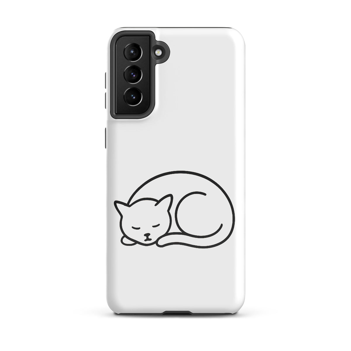 Phone Case for Samsung Galaxy with minimalist curled-up cat design in black on white background.