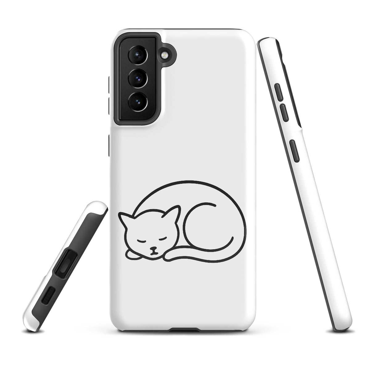 Phone Case for Samsung Galaxy with minimalist curled-up cat design in white and black, dual-layer protection for cat lovers.