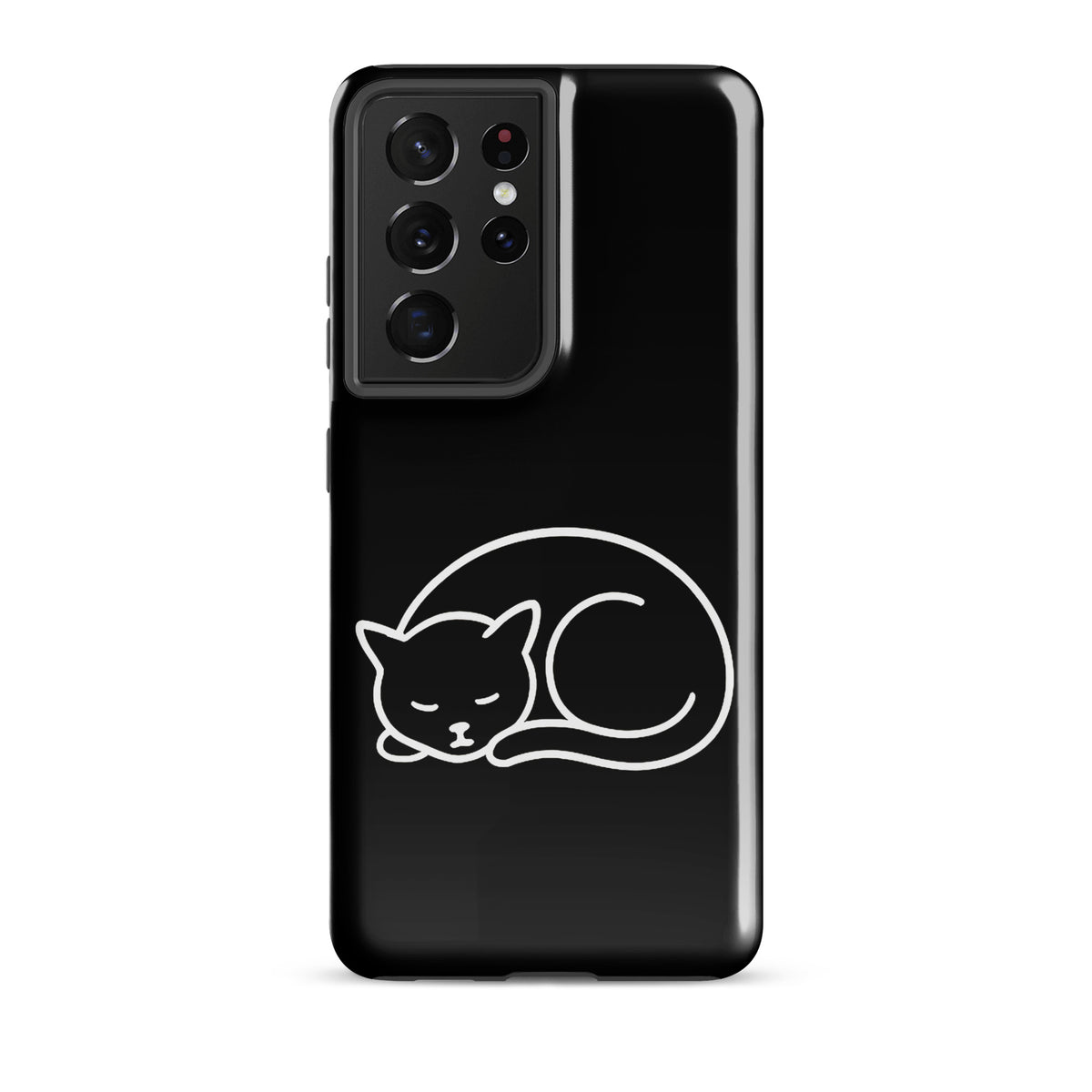 Phone Case for Samsung Galaxy with minimalist curled-up cat design in black and white, dual-layer protection for cat lovers.