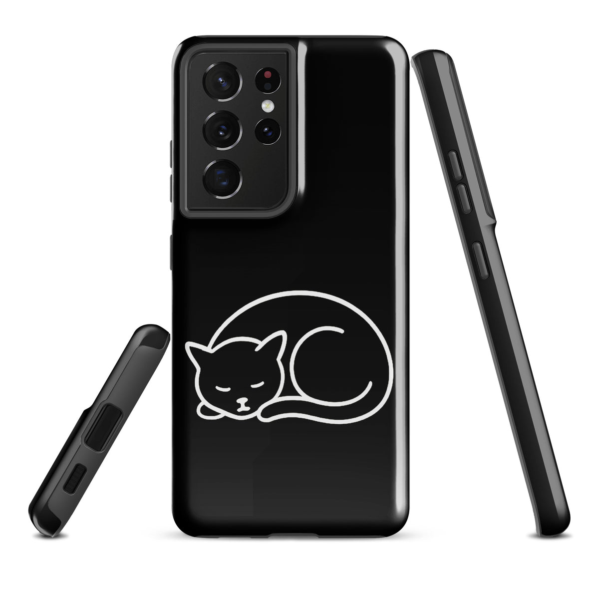 Phone Case for Samsung Galaxy with minimalist curled-up cat design in black and white, dual-layer protection for cat lovers.