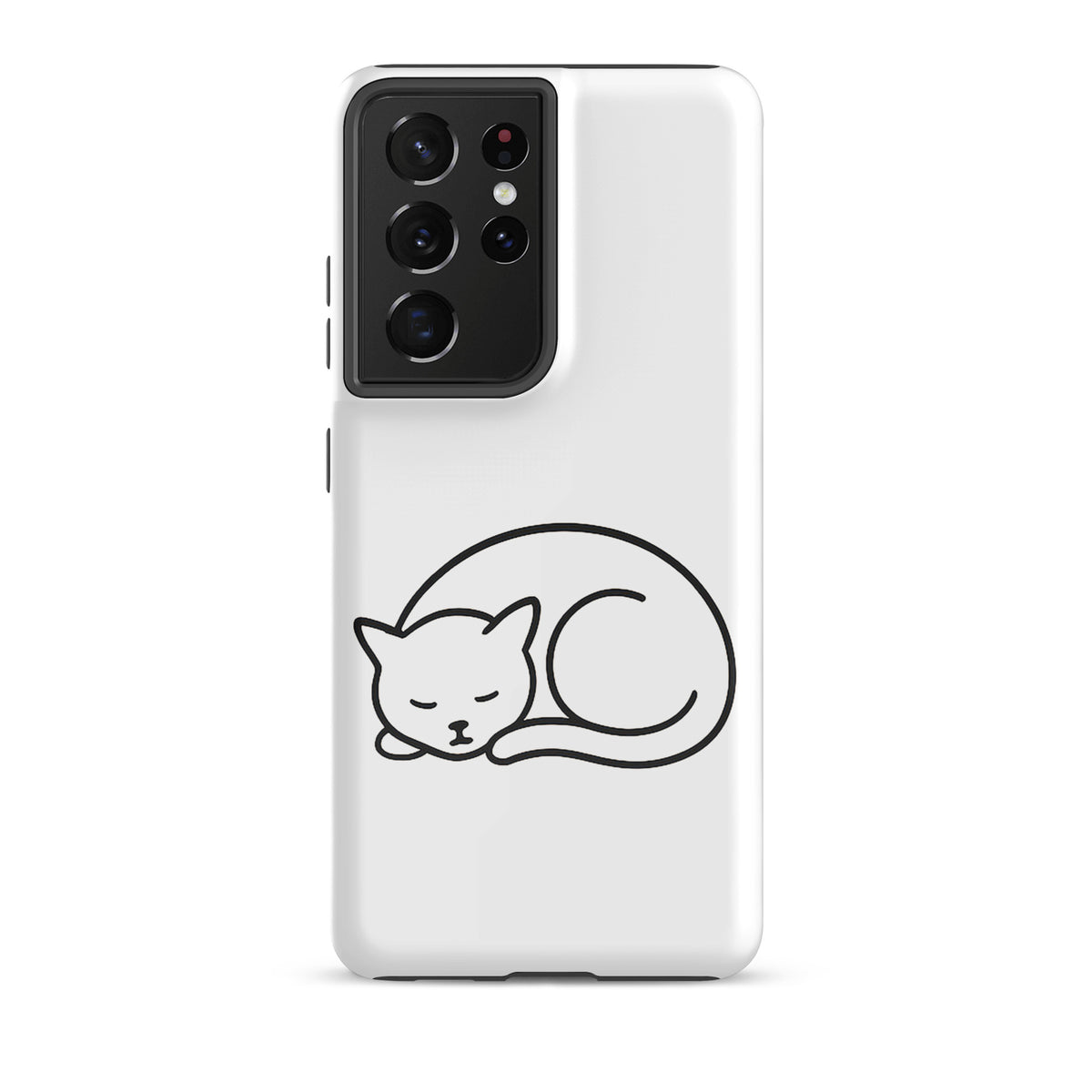 Phone Case for Samsung Galaxy featuring minimalist curled-up cat design in white and black, perfect for cat lovers.